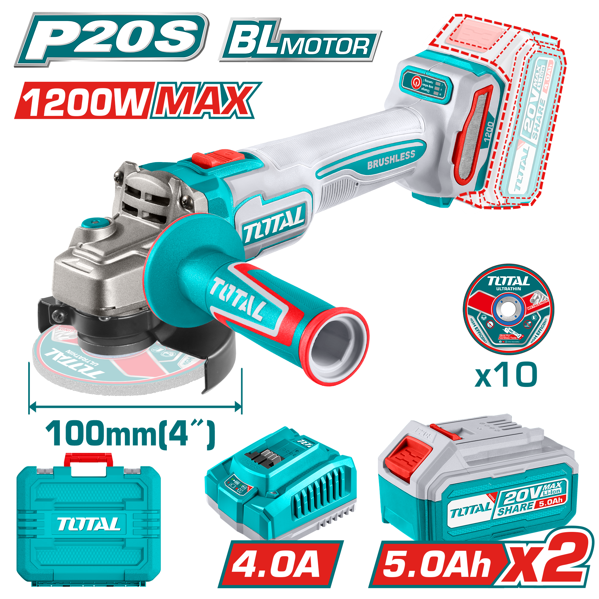 Máy mài góc không chổi than dùng pin Lithium-Ion 20V Hiệu Total TAGLI2210032