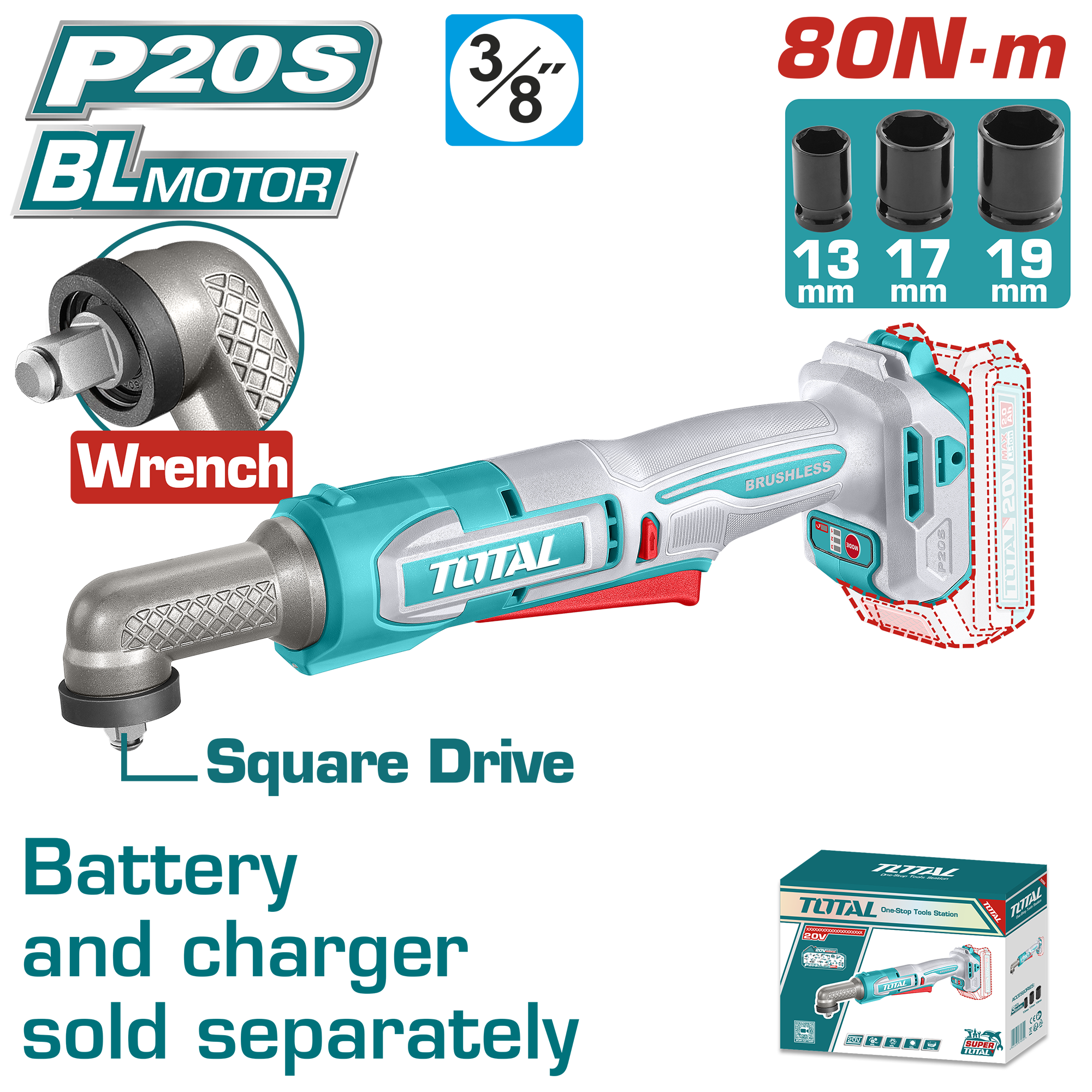 Máy siết buloong góc cầm tay không chổi than dùng pin Lithium-ion 20V (không kèm pin & sạc) Total TAIWLI2081