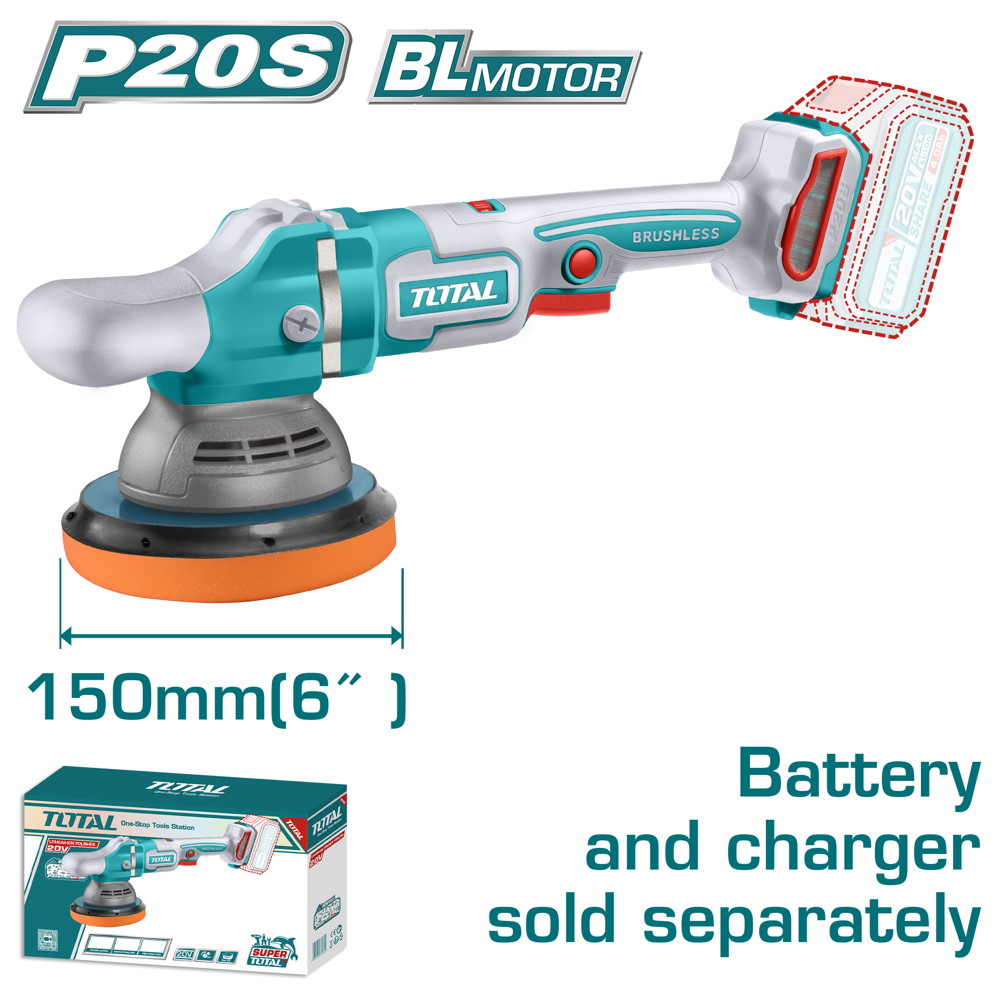 Máy đánh bóng không chổi than dùng pin Lithium-Ion 20V (không kèm pin & sạc) Total TAPLI2015