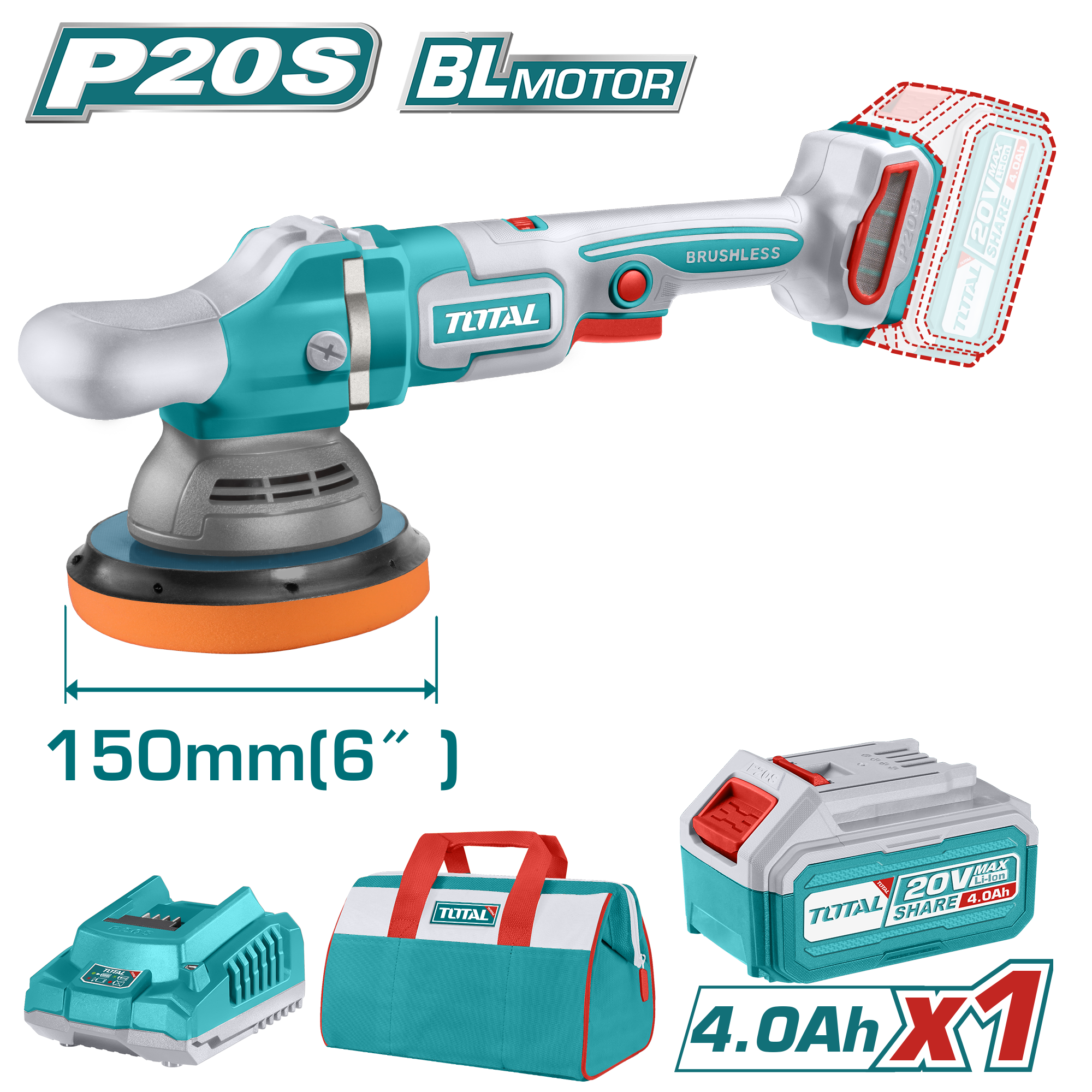 Máy đánh bóng không chổi than dùng pin Lithium-Ion 20V Total TAPLI20151