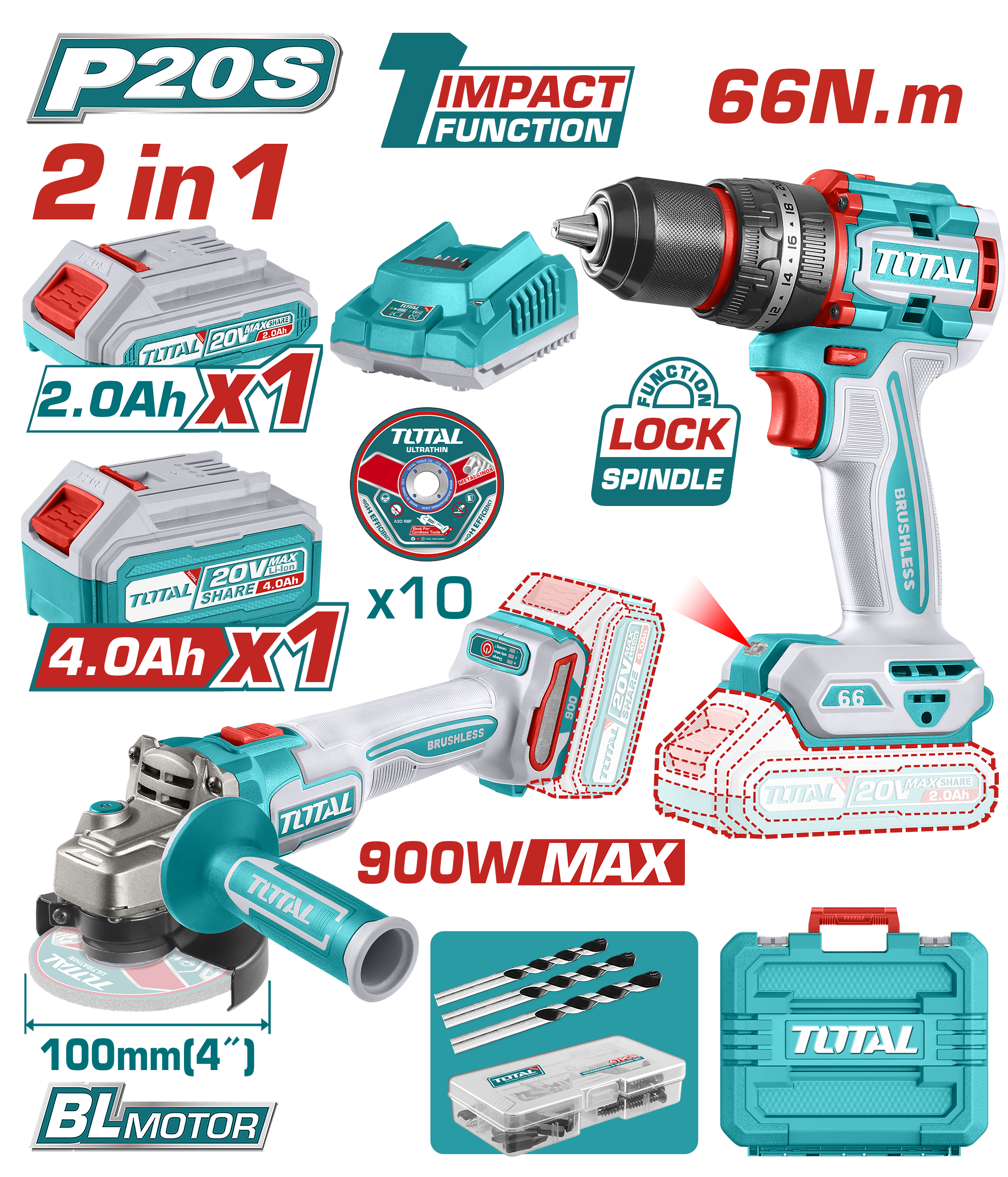 Bộ combo máy mài góc và máy khoan búa không chổi than dùng pin 20V Total TCKLI2027310