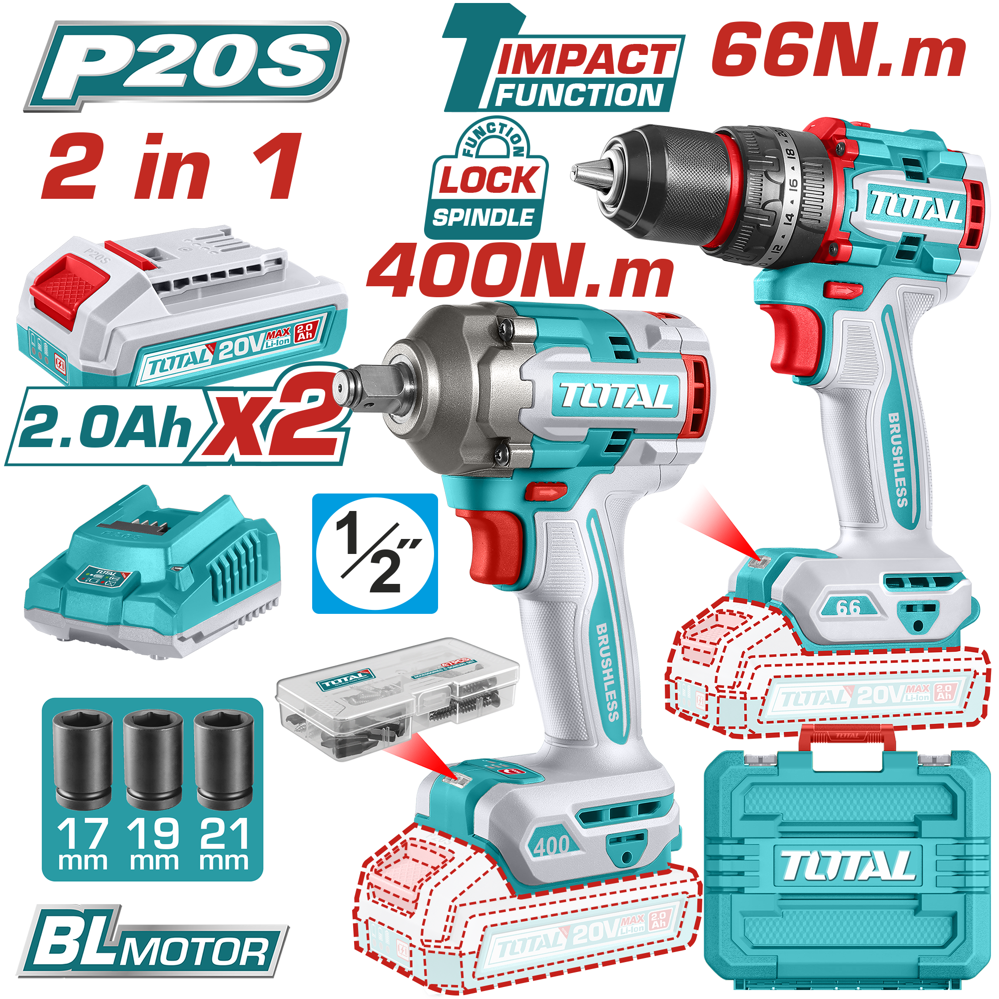 Bộ combo máy khoan búa và máy siết buloong không chổi than dùng pin 20V Total TCKLI20275