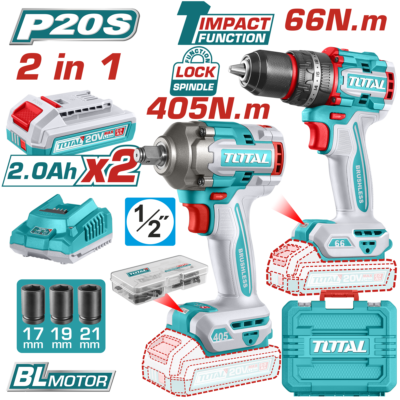 Bộ combo máy khoan búa và máy siết buloong không chổi than dùng pin 20V Total TCKLI20286