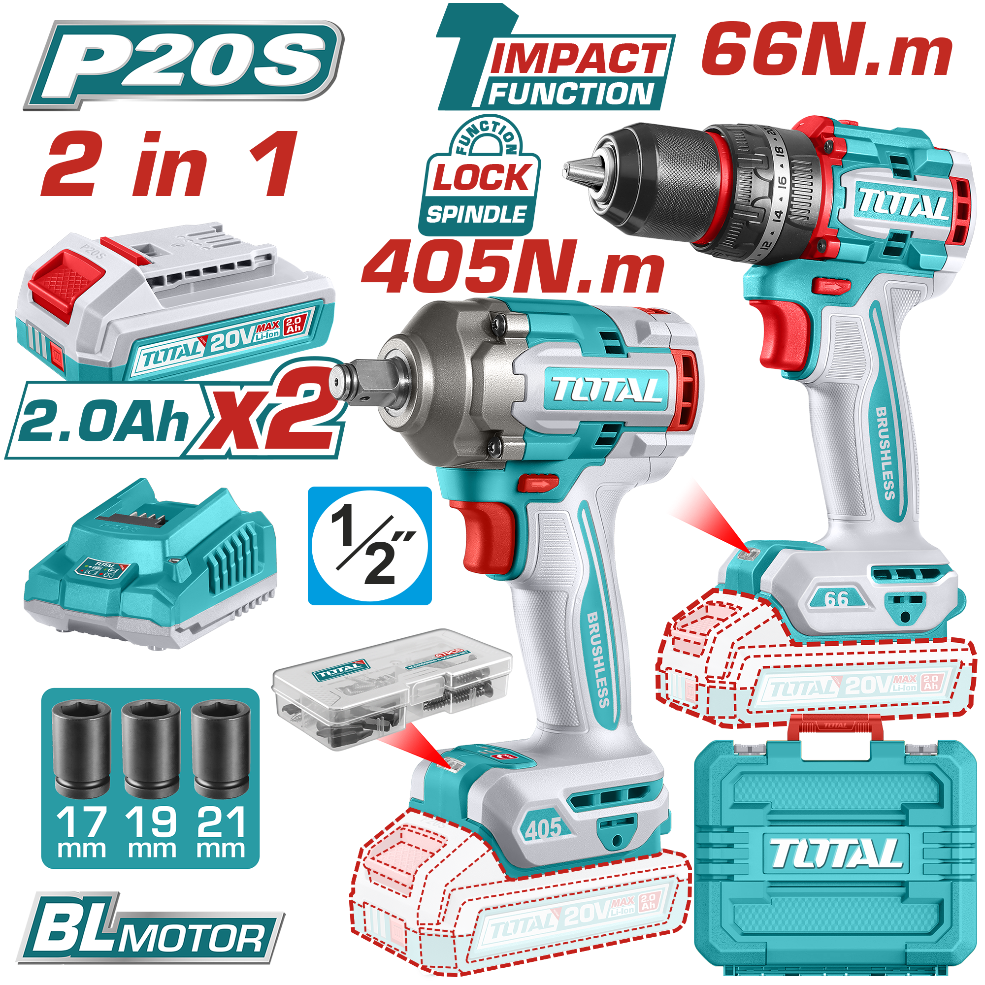 Bộ combo máy khoan búa và máy siết buloong không chổi than dùng pin 20V Total TCKLI20286