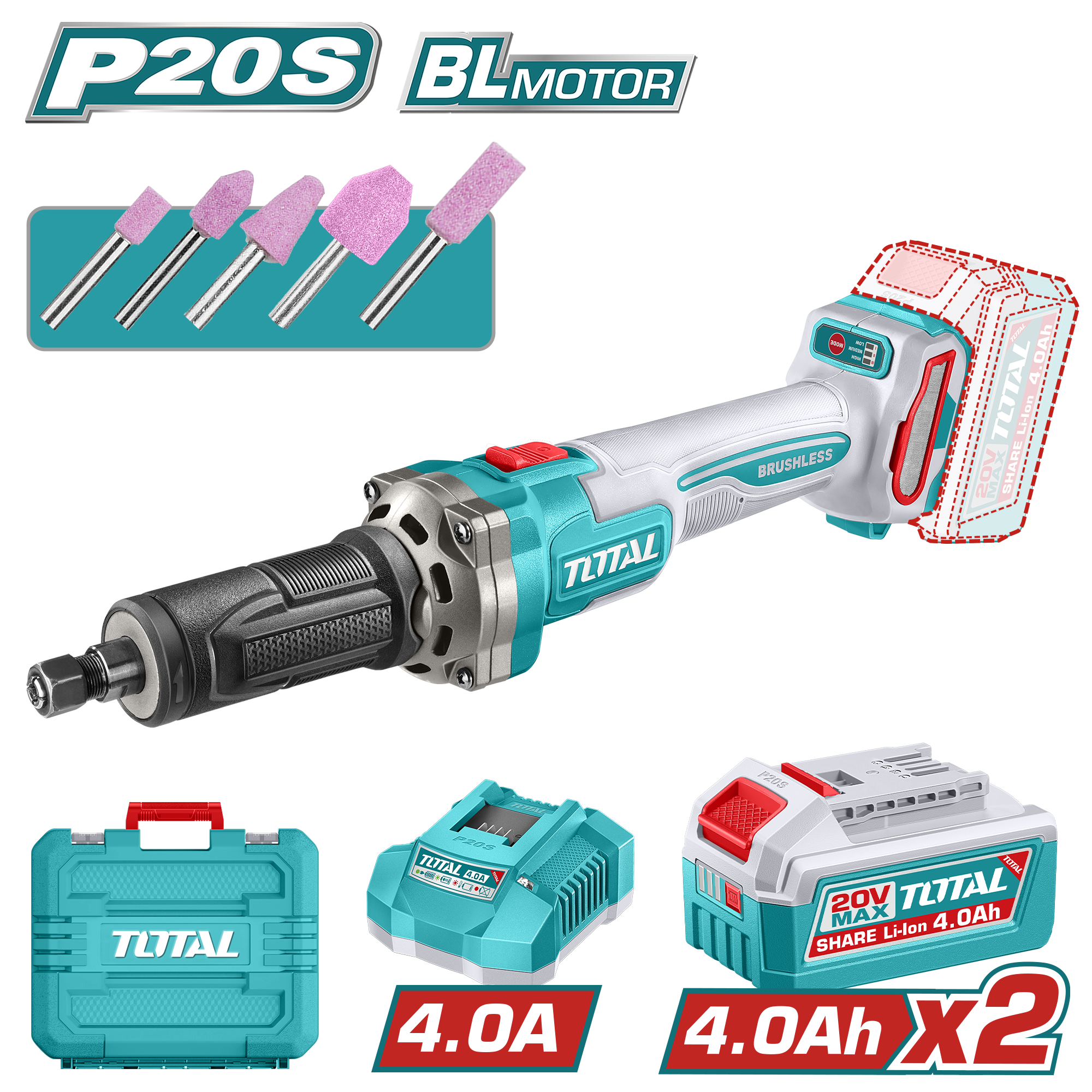 Máy mài khuôn cầm tay không chổi than dùng pin Lithium-ion 20V Total TDGLI20012