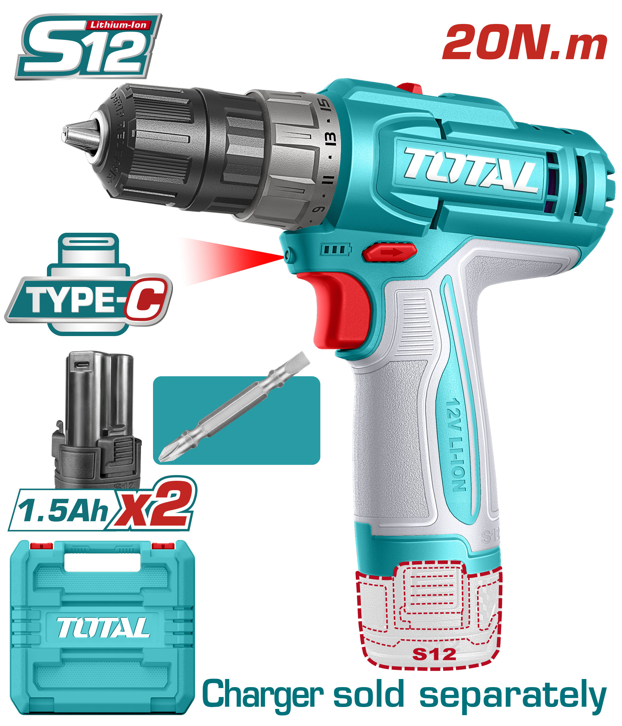 Máy khoan pin Lithium-ion 12V (không kèm sạc) Total TDLI12206