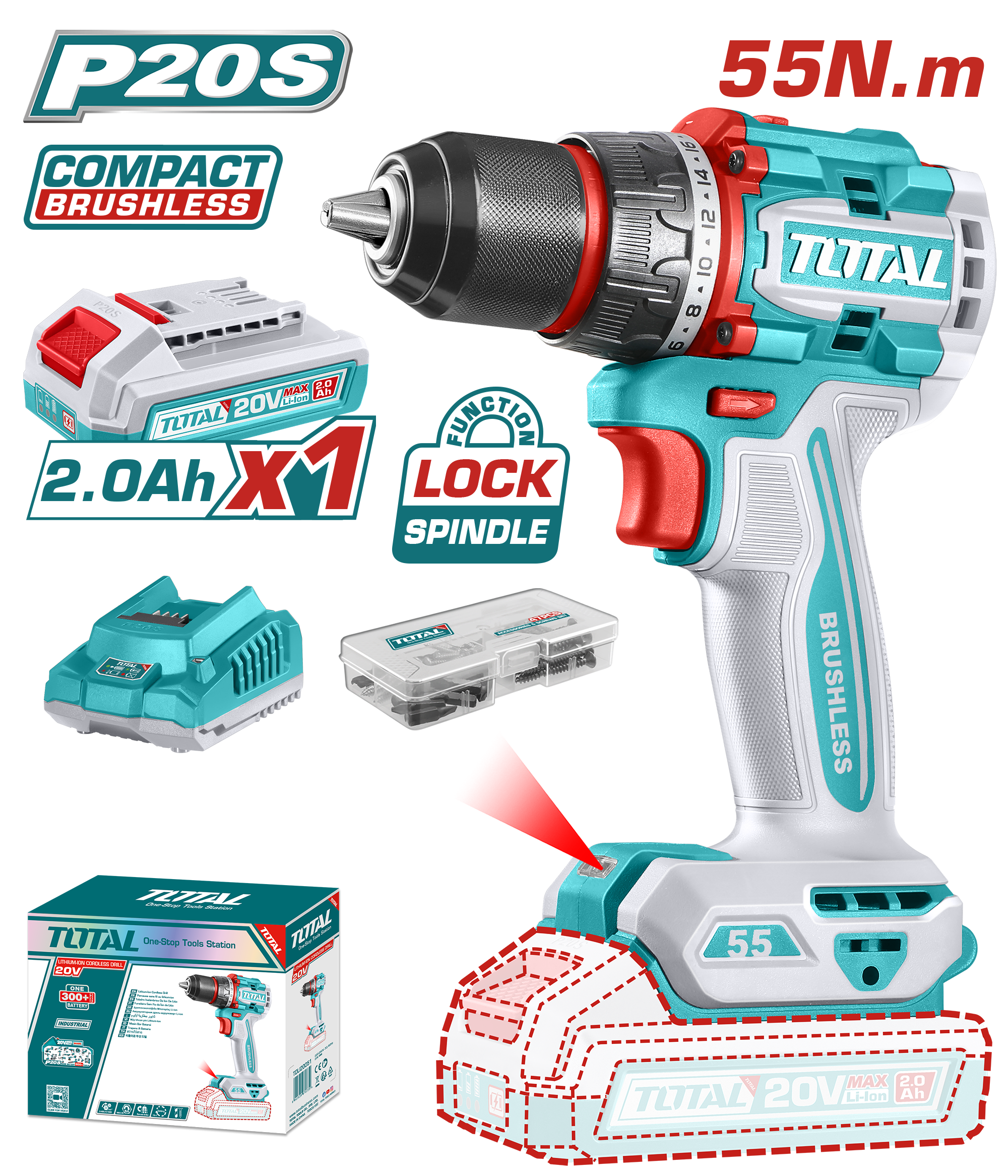 Máy khoan cầm tay không chổi than dùng pin Lithium-ion 20V Total TDLI205582