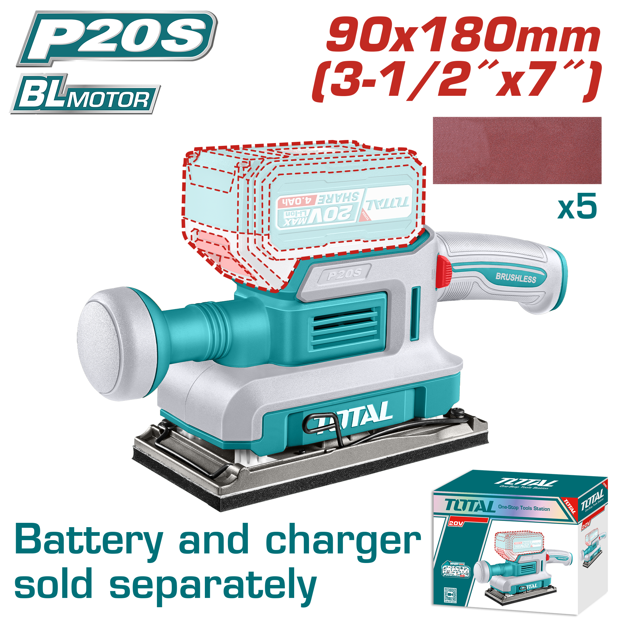 Máy chà nhám hình chữ nhật không chổi than dùng pin 20V (không kèm pin & sạc) Total TFSLI2031