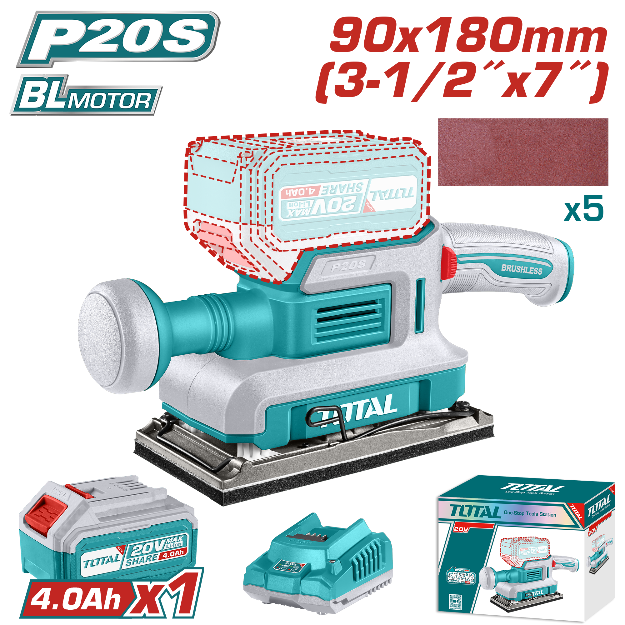 Máy chà nhám chữ nhật cầm tay dùng pin Lithium-ion 20V Total TFSLI20311