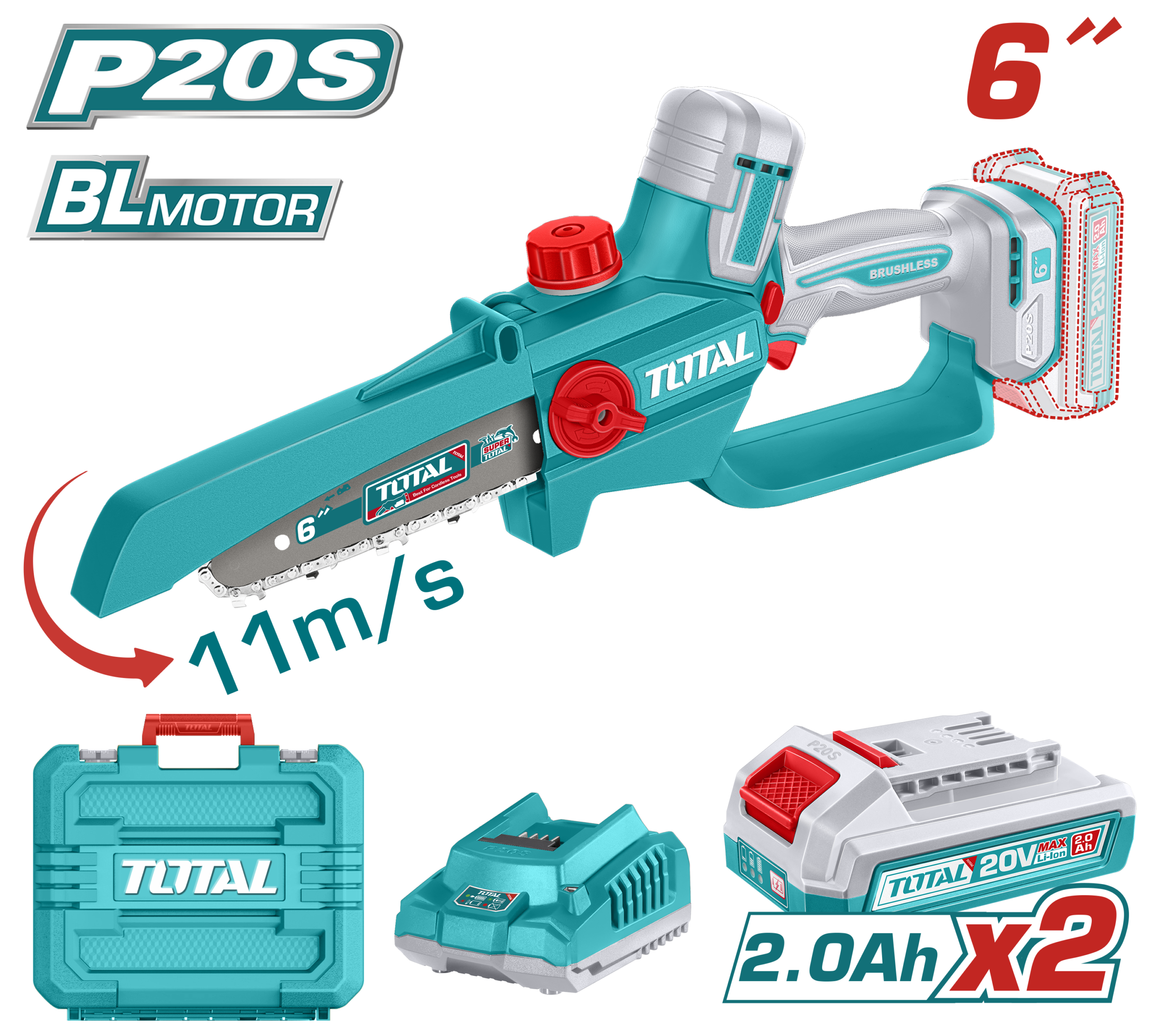 Máy cưa xích mini không chổi than dùng pin 20V hiệu Total TGSLI20662