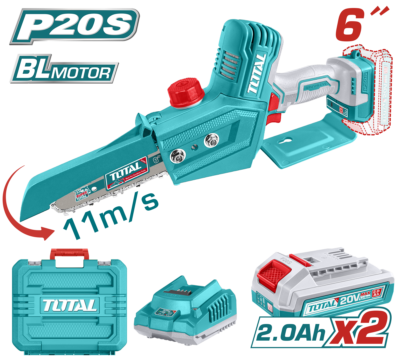 áy cưa xích mini cầm tay không chổi than dùng pin Lithium-ion 20V hiệu Total TGSLI20686