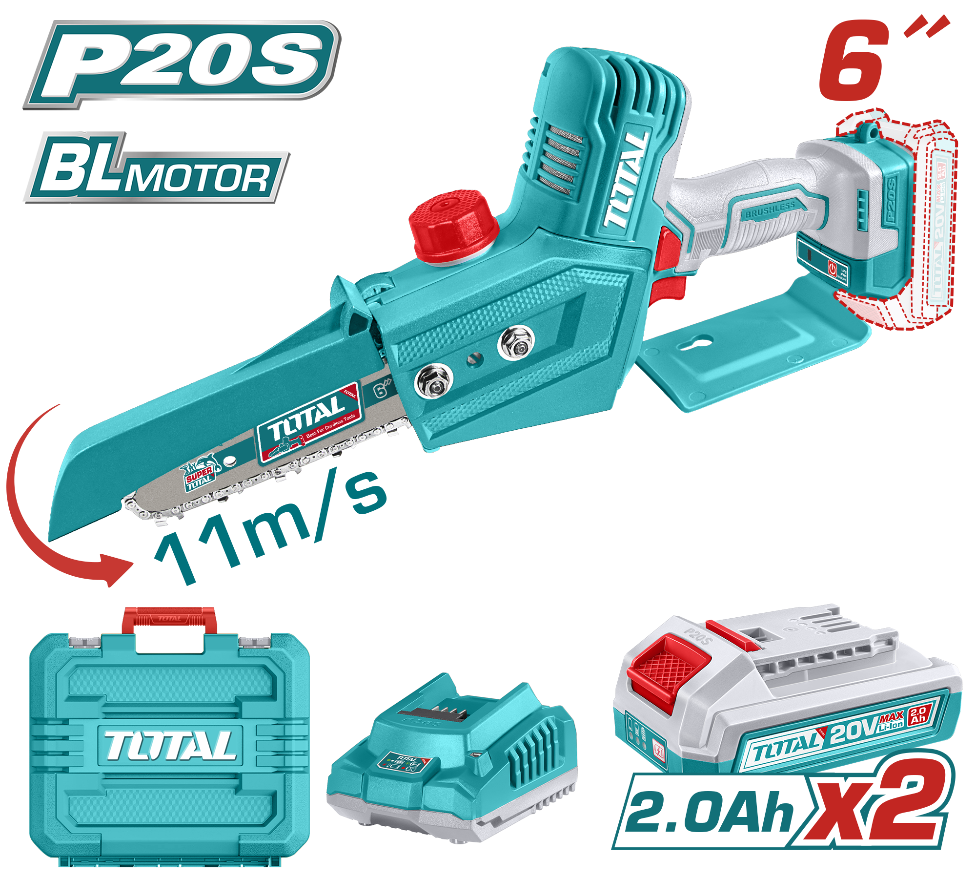 áy cưa xích mini cầm tay không chổi than dùng pin Lithium-ion 20V hiệu Total TGSLI20686