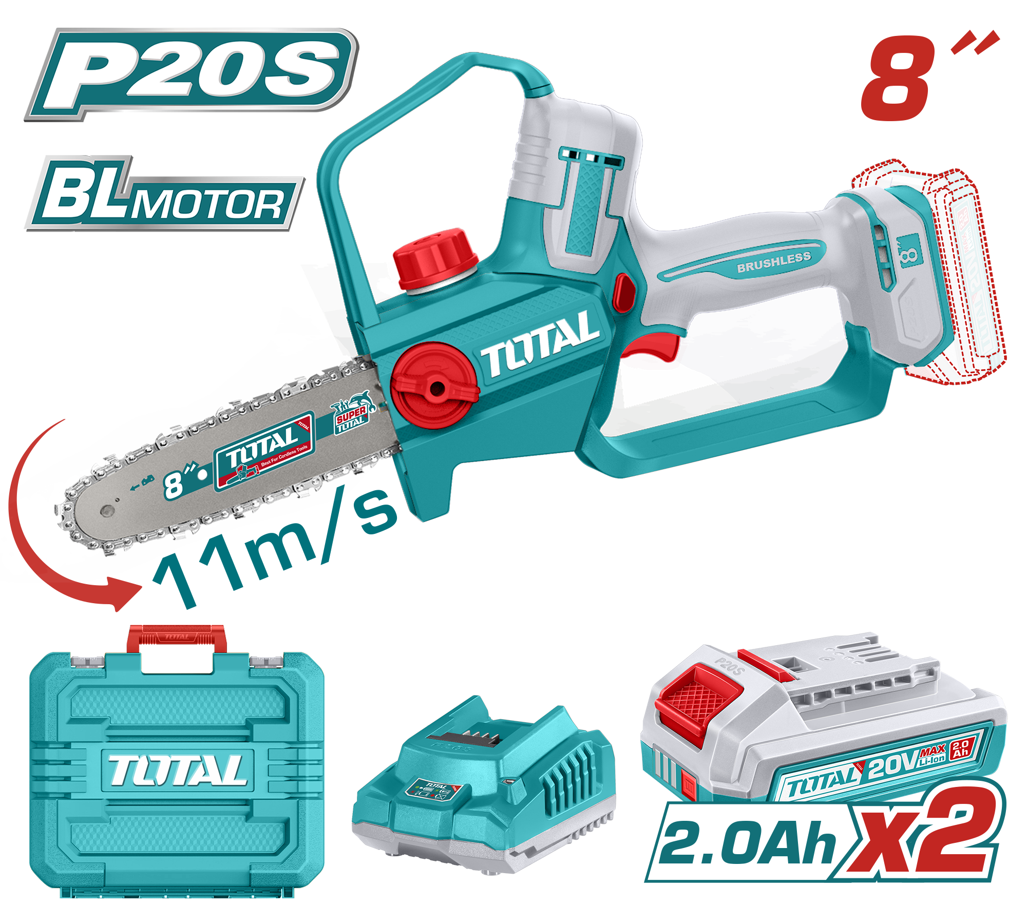 Máy cắt cành cưa xích không chổi than cầm tay dùng pin Lithium-ion 20V hiệu Total TGSLI20882