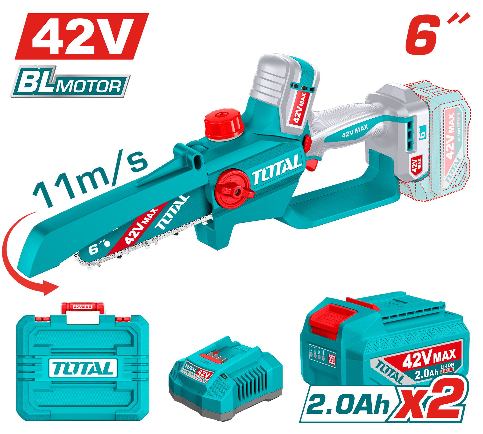 Máy cắt tỉa cành cưa gỗ cầm tay không chổi than dùng pin Lithium-ion 42V hiệu Total TGSLI42681
