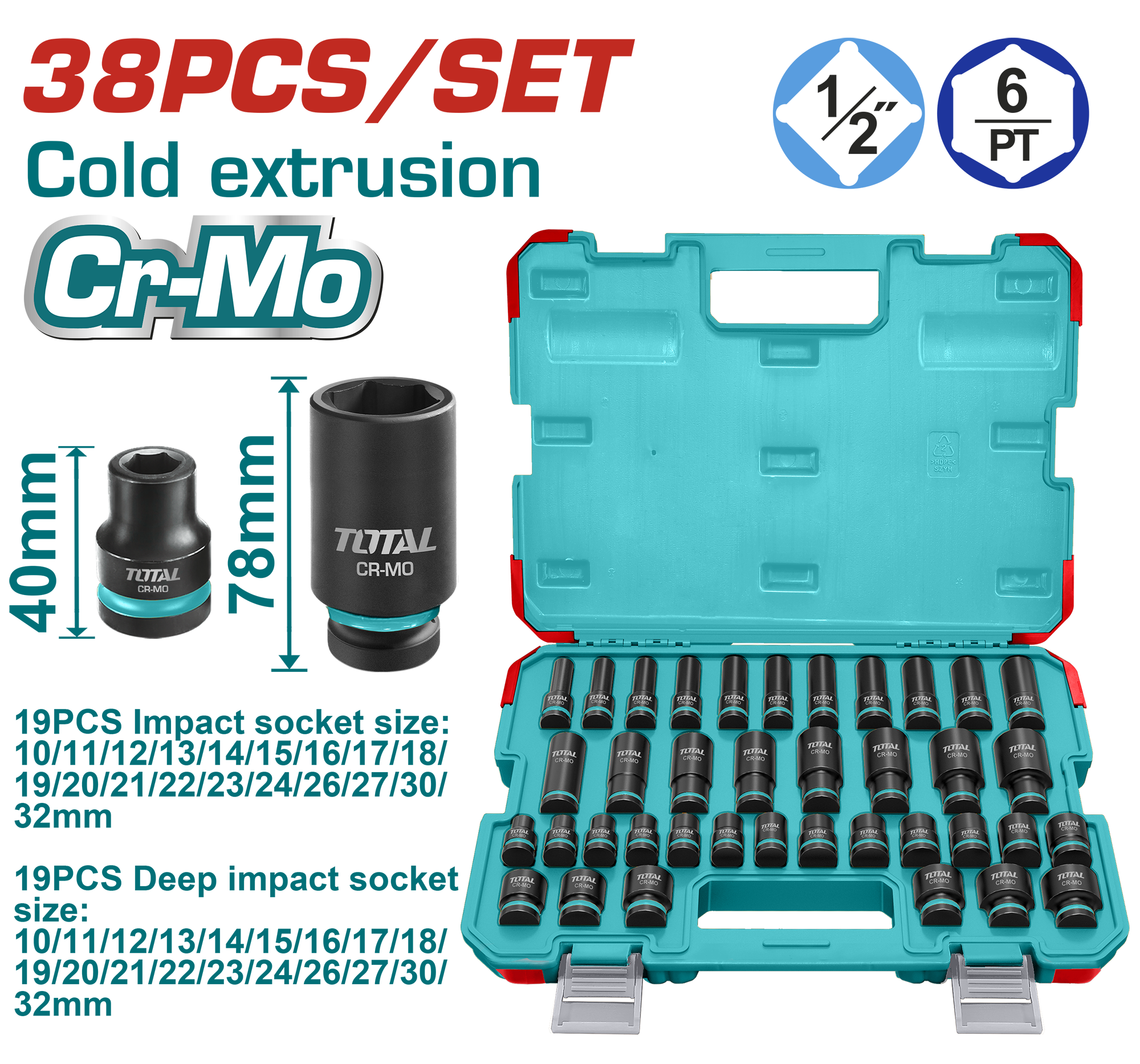 Bộ 38 đầu tuýp lục giác 1/2" DR dùng cho máy siết buloong Total THKISD12388L