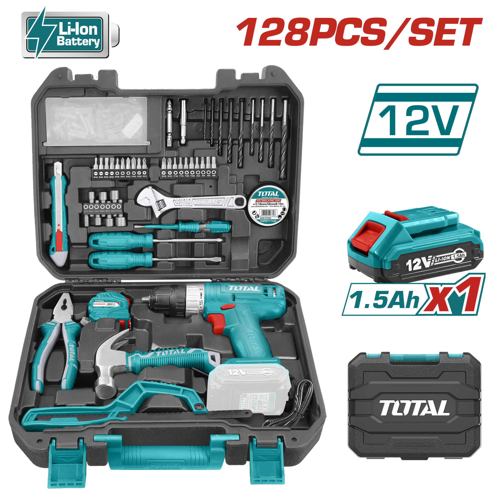 Bộ máy khoan dùng pin Lithium-ion kèm 128 dụng cụ Total THKTHP11282