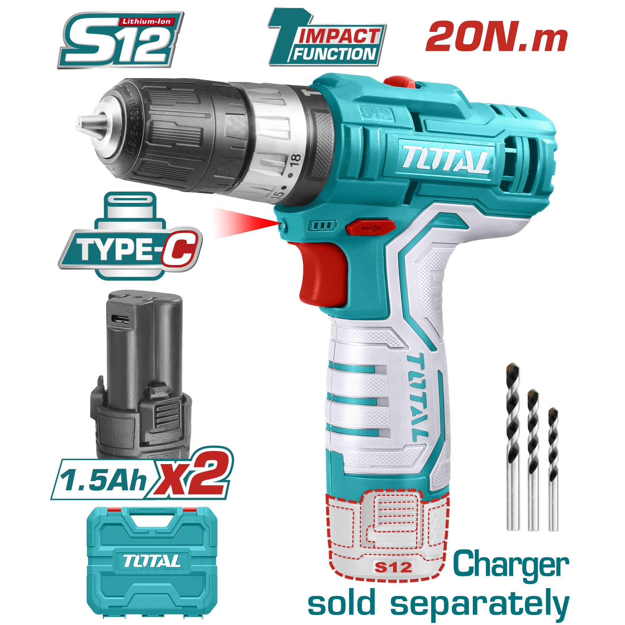 Máy khoan búa dùng pin Lithium 12V (không kèm dây và đầu sạc) Total TIDLI12328