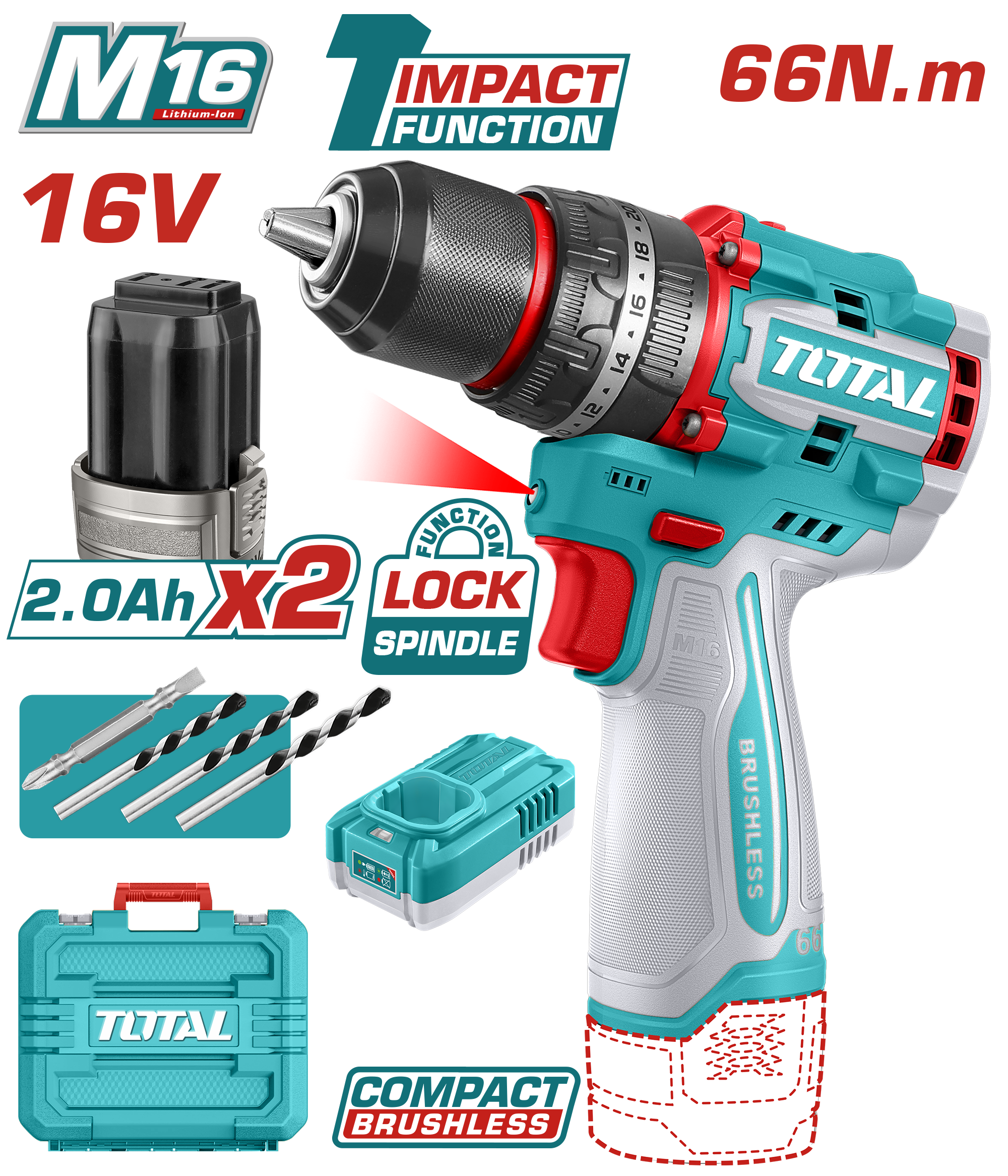 Máy khoan búa cầm tay không chổi than dùng pin Lithium-ion 16V Total TIDLI166062