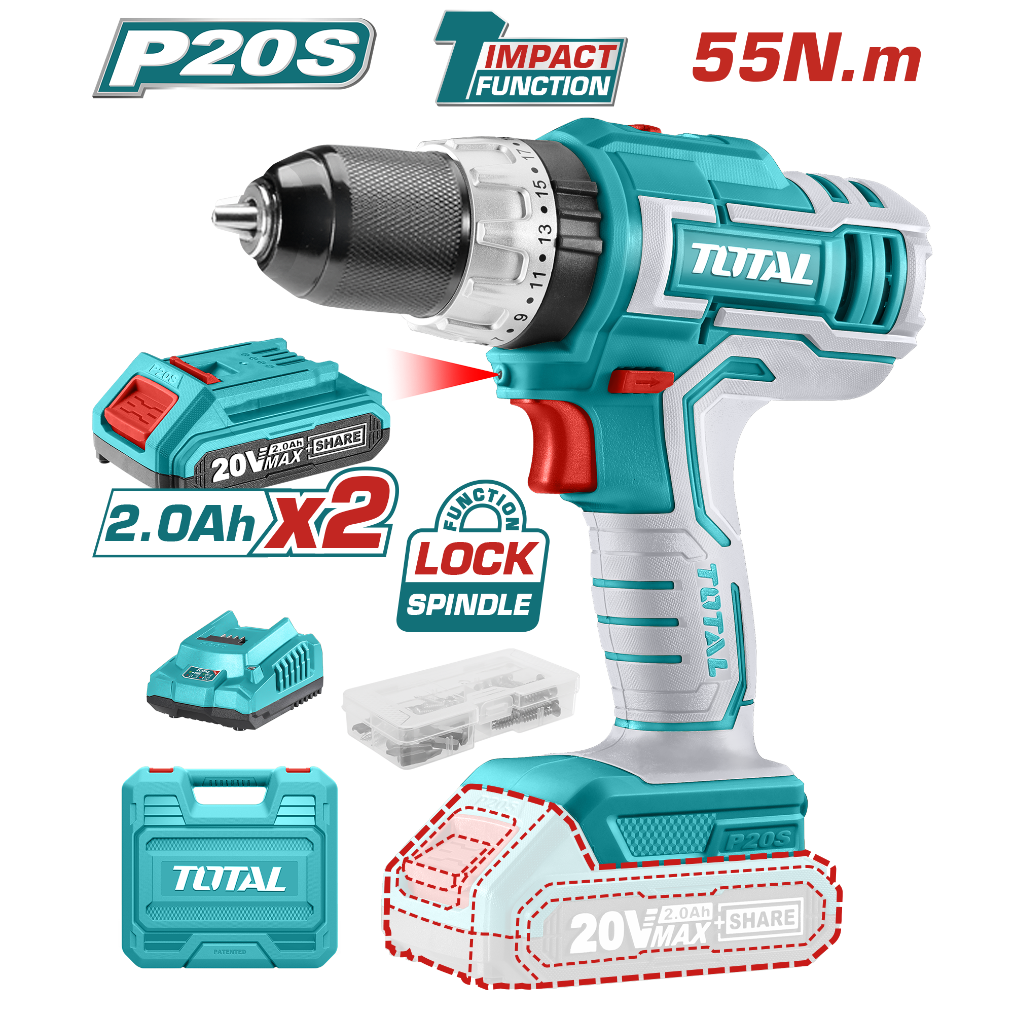 Máy khoan búa dùng pin Lithium-ion 20V Total TIDLI20031