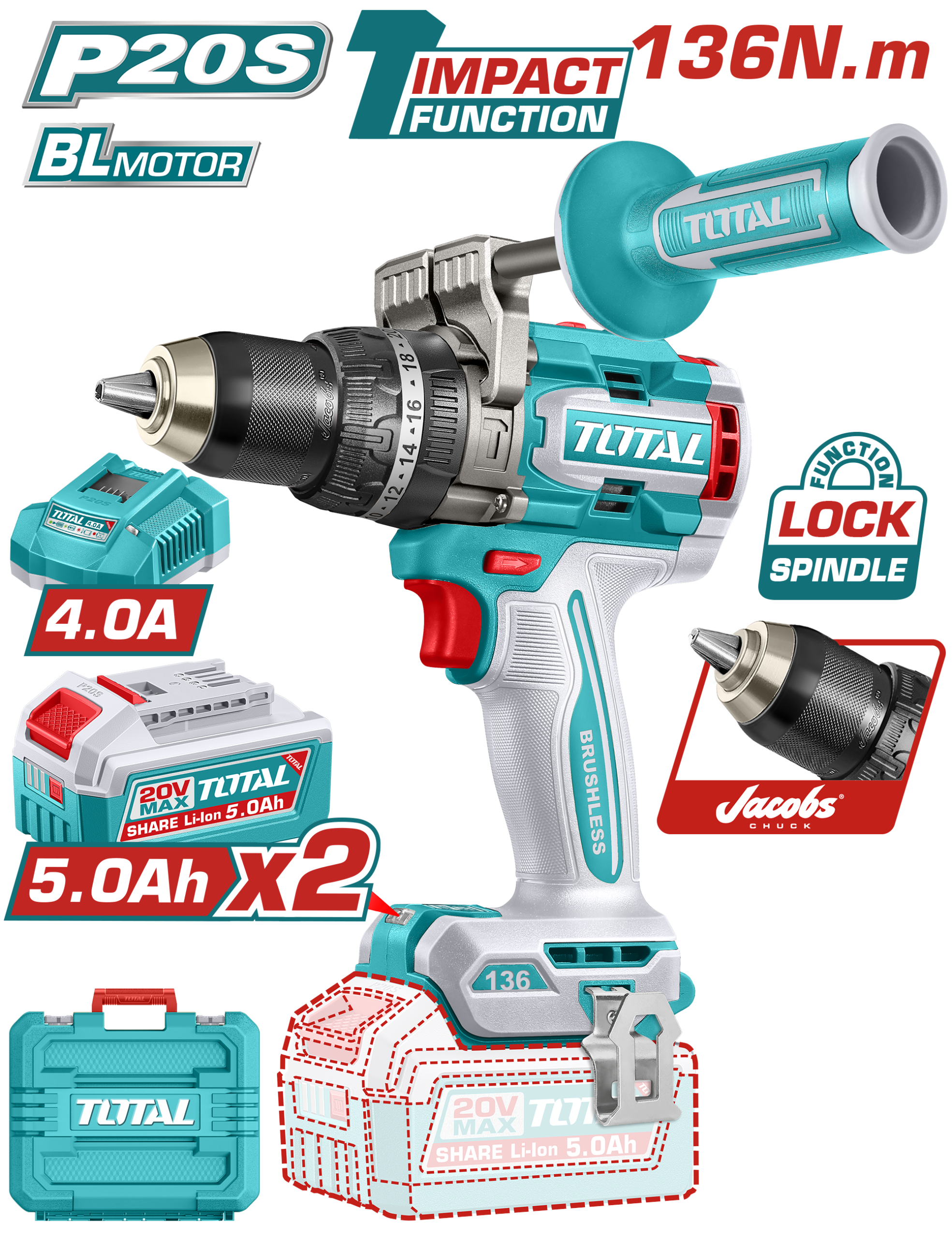 Máy khoan búa cầm tay không chổi than dùng pin lithium-ion TIDLI201368