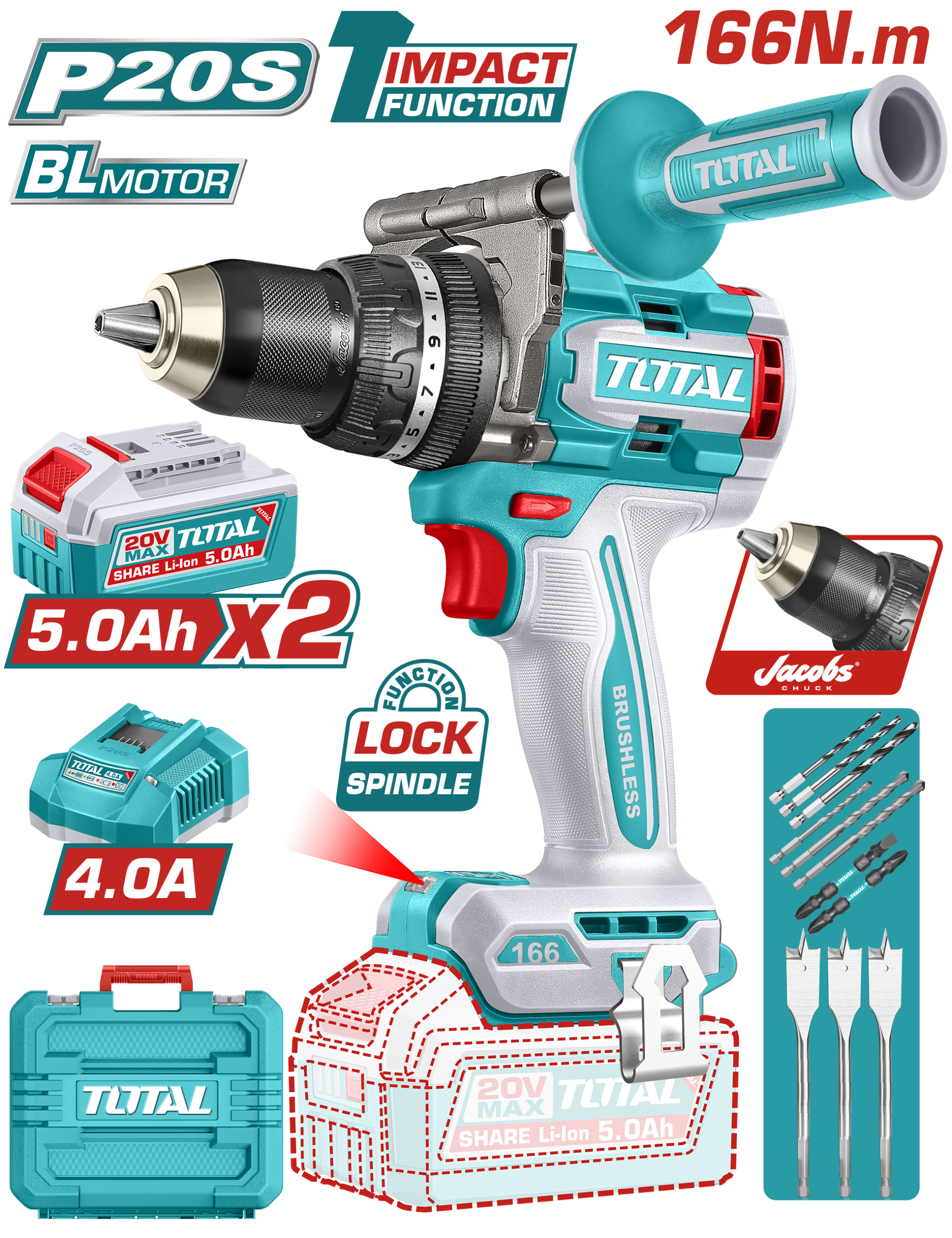 Máy khoan búa cầm tay không chổi than dùng pin Lithium-ion 20V Total TIDLI201668