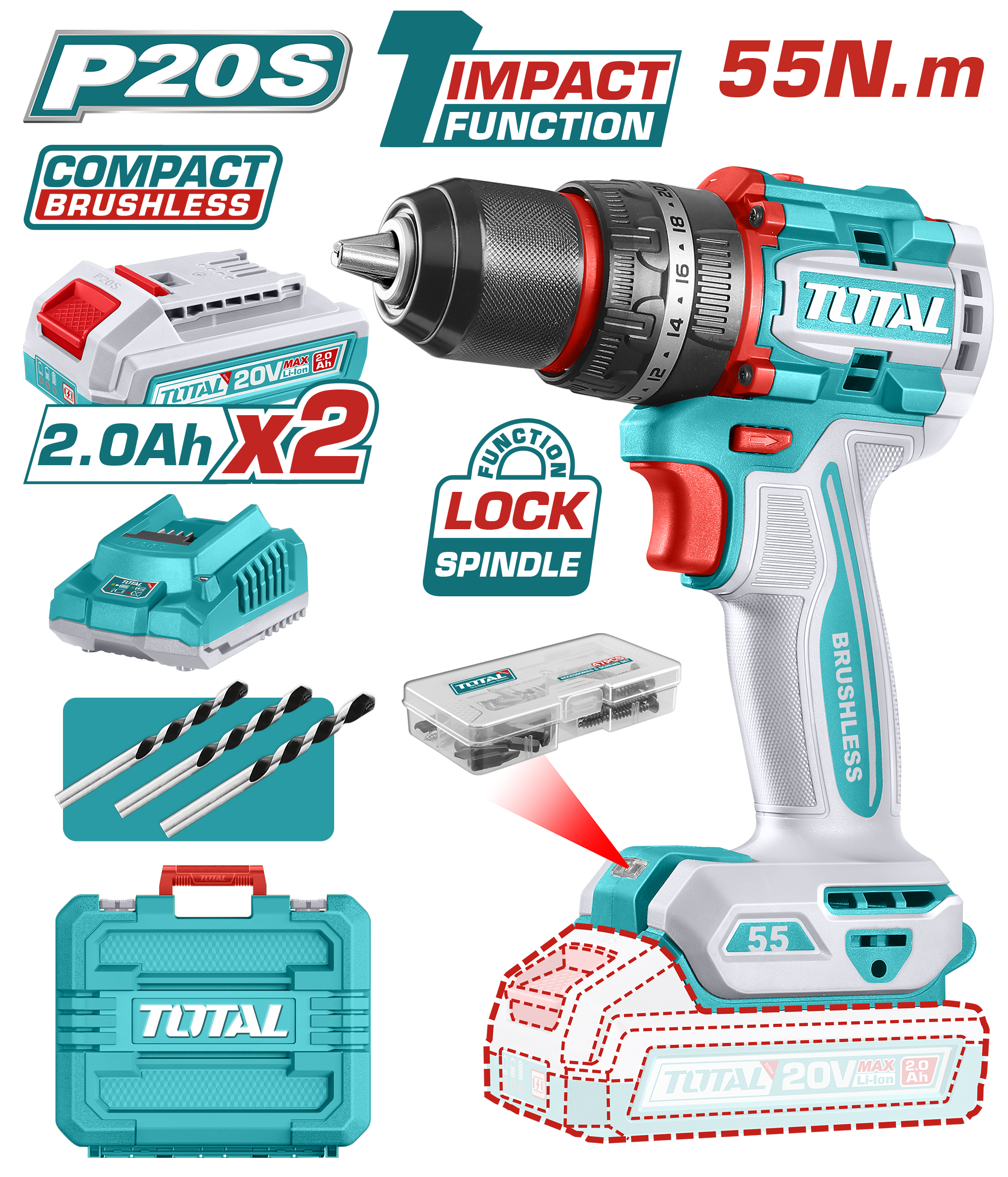 Máy khoan búa không chổi than dùng pin Lithium-Ion 20V Total TIDLI20558