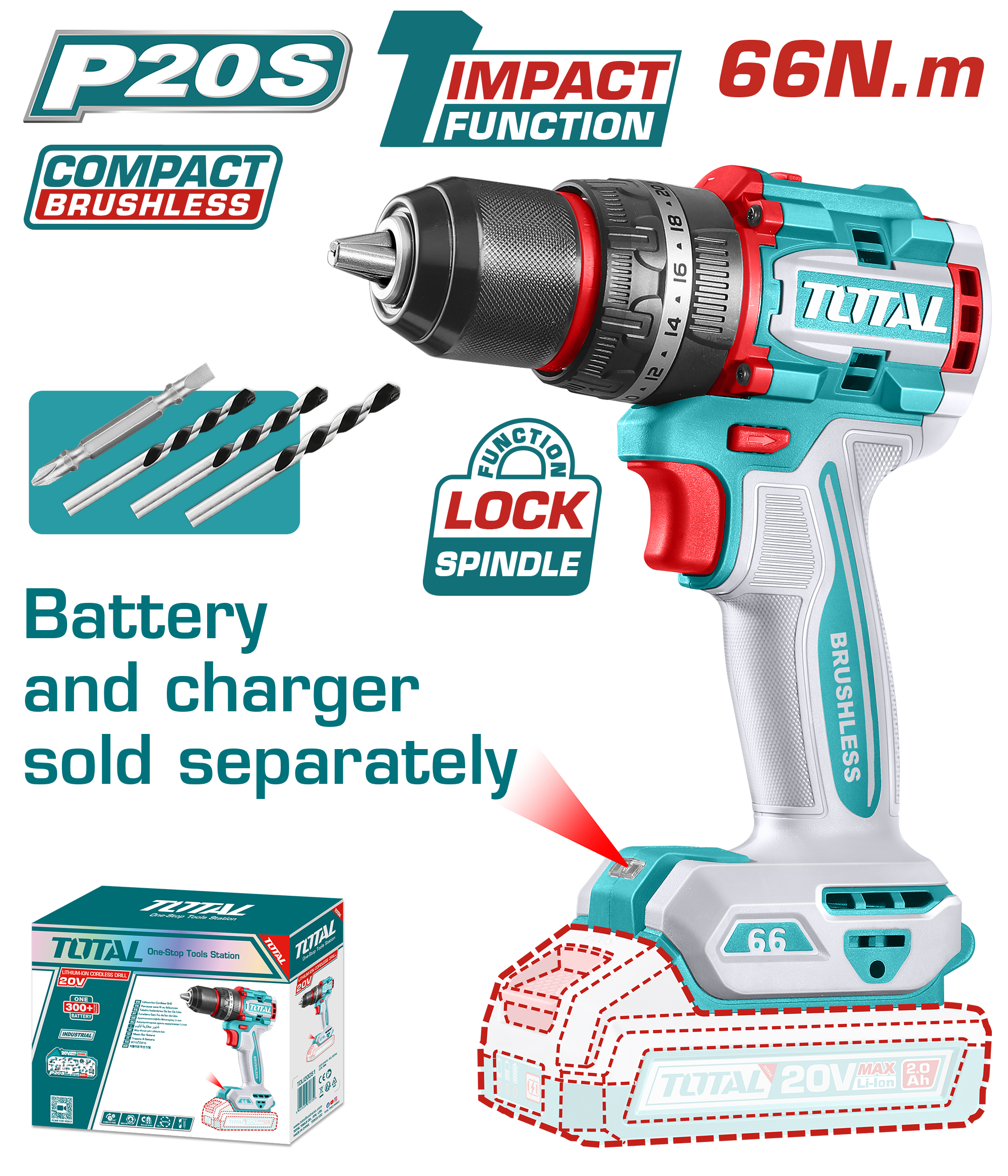 Máy khoan búa cầm tay không chổi than dùng pin Lithium-ion 20V Total TIDLI206681