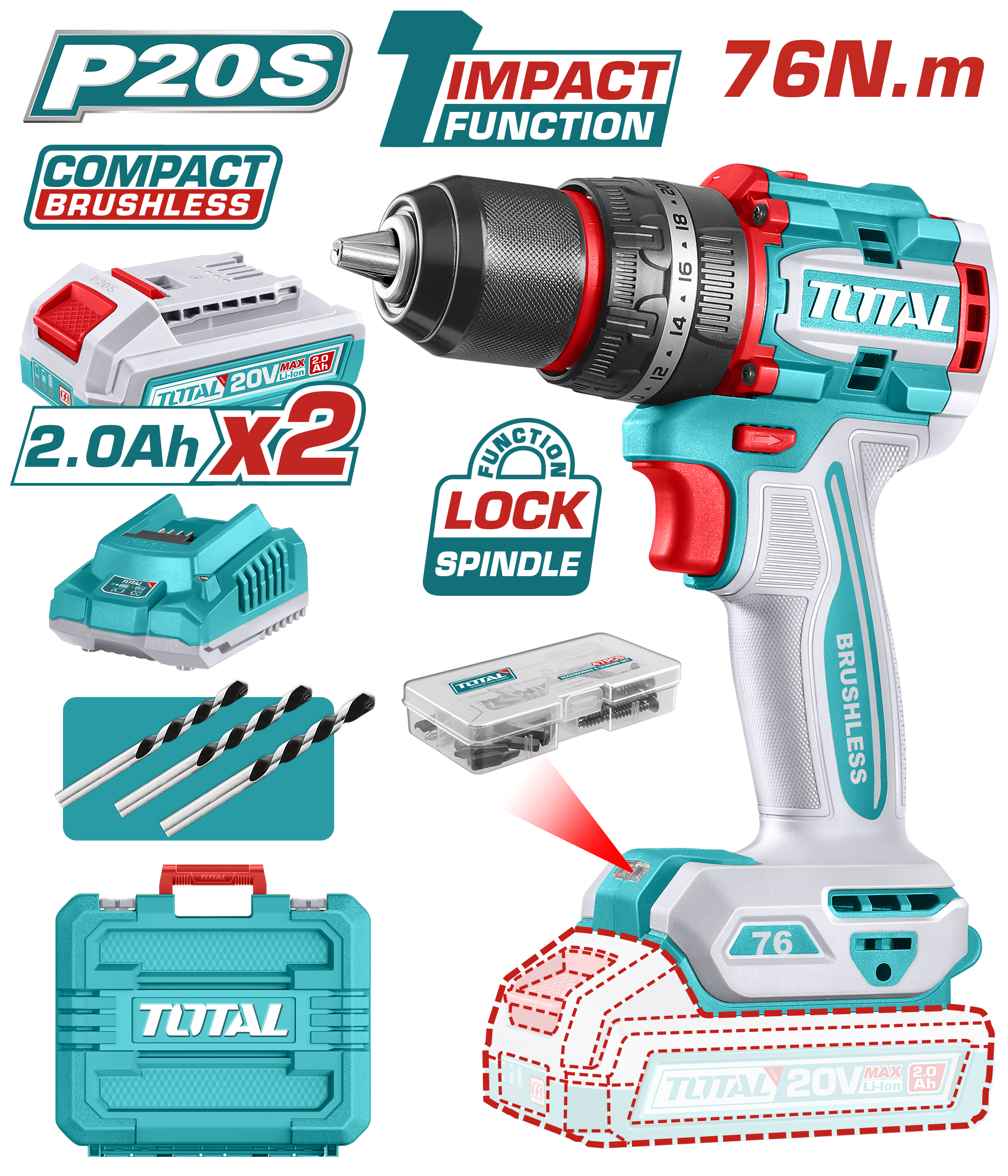 Máy khoan búa không chổi than dùng pin Lithium-Ion 20V Total TIDLI20768