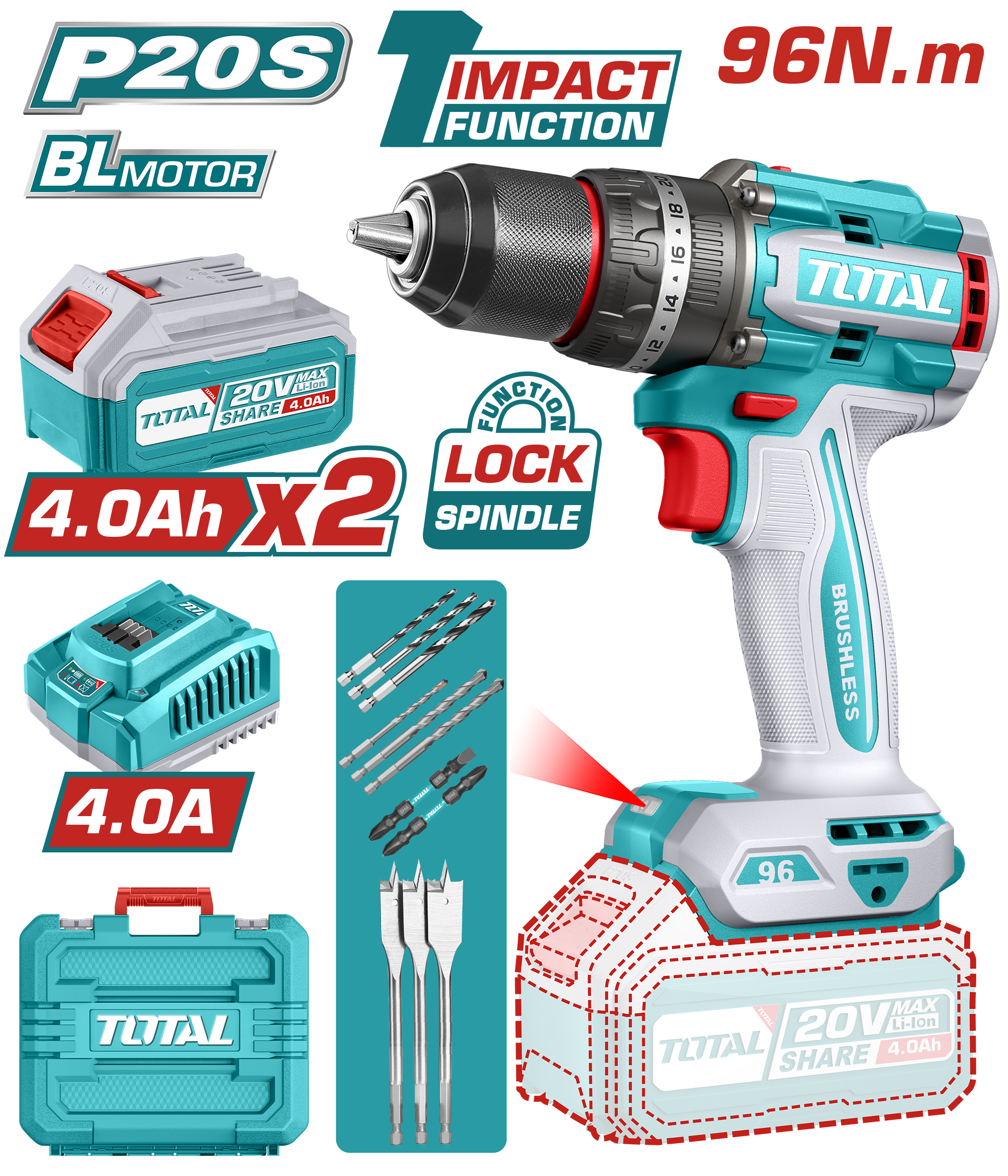 Máy khoan búa không chổi than dùng pin Lithium-Ion 20V Total TIDLI20968