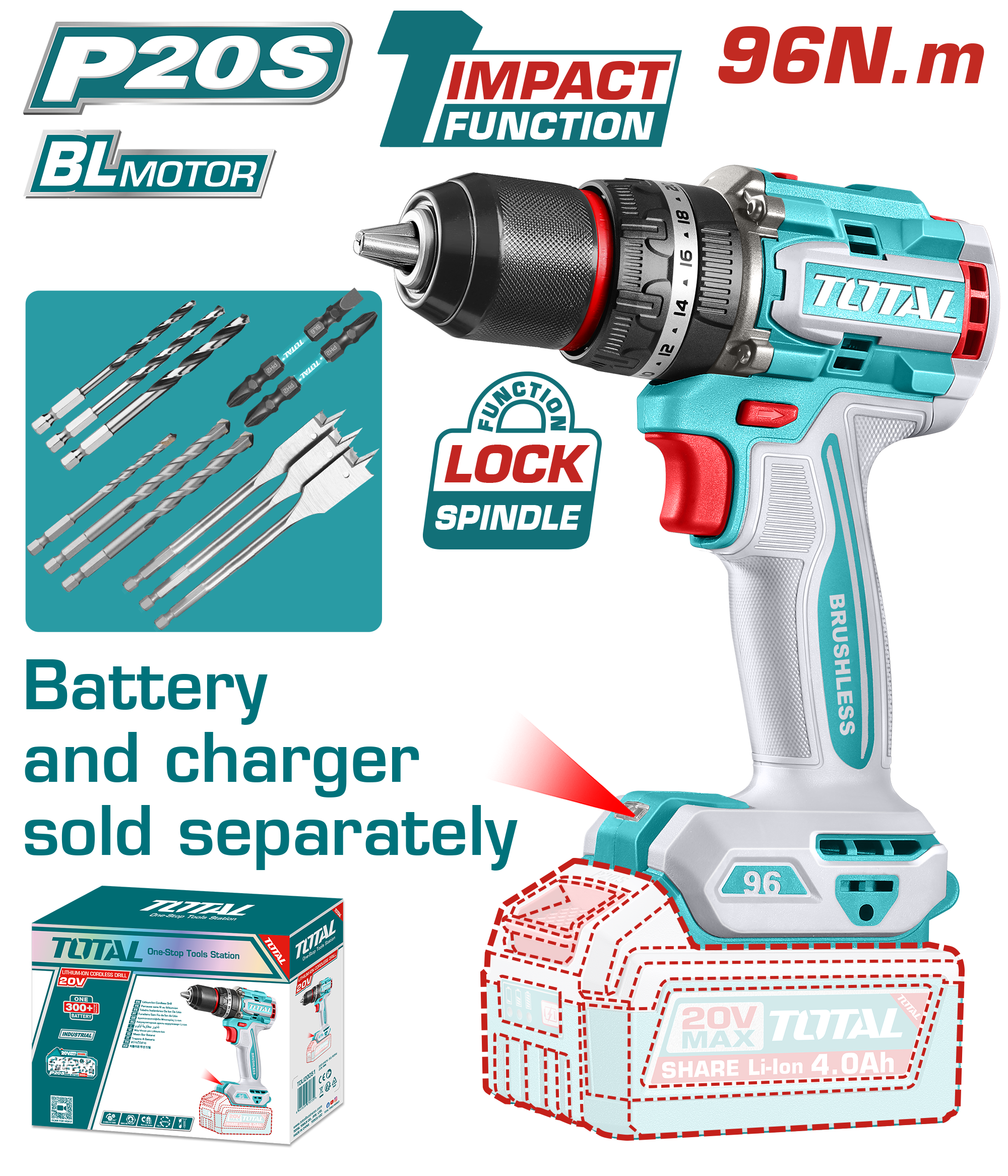 Máy khoan búa không chổi than dùng pin Lithium-Ion 20V Total TIDLI209681