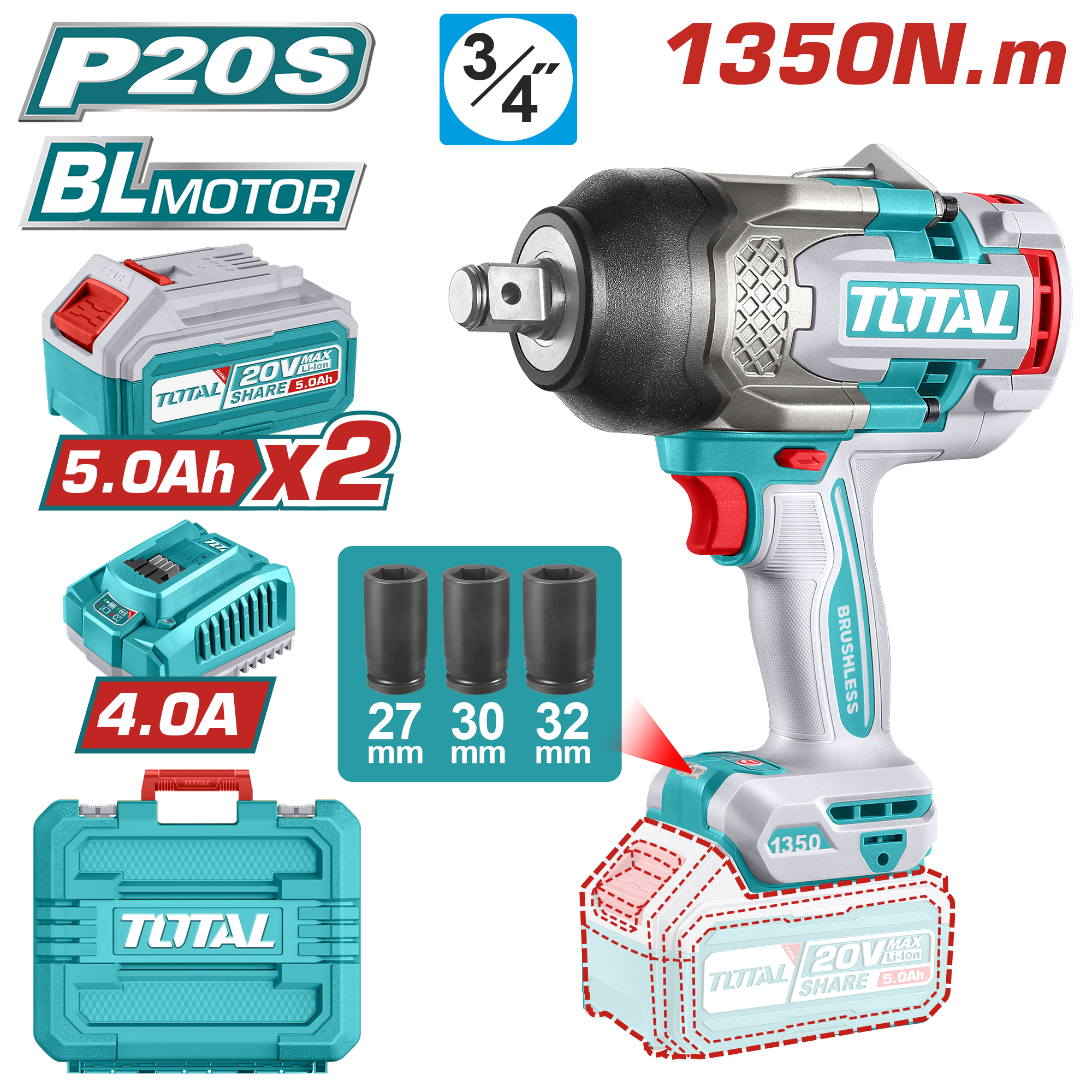 Máy siết buloong không chổi than dùng pin Lithium-Ion 20V Total TIWLI20135