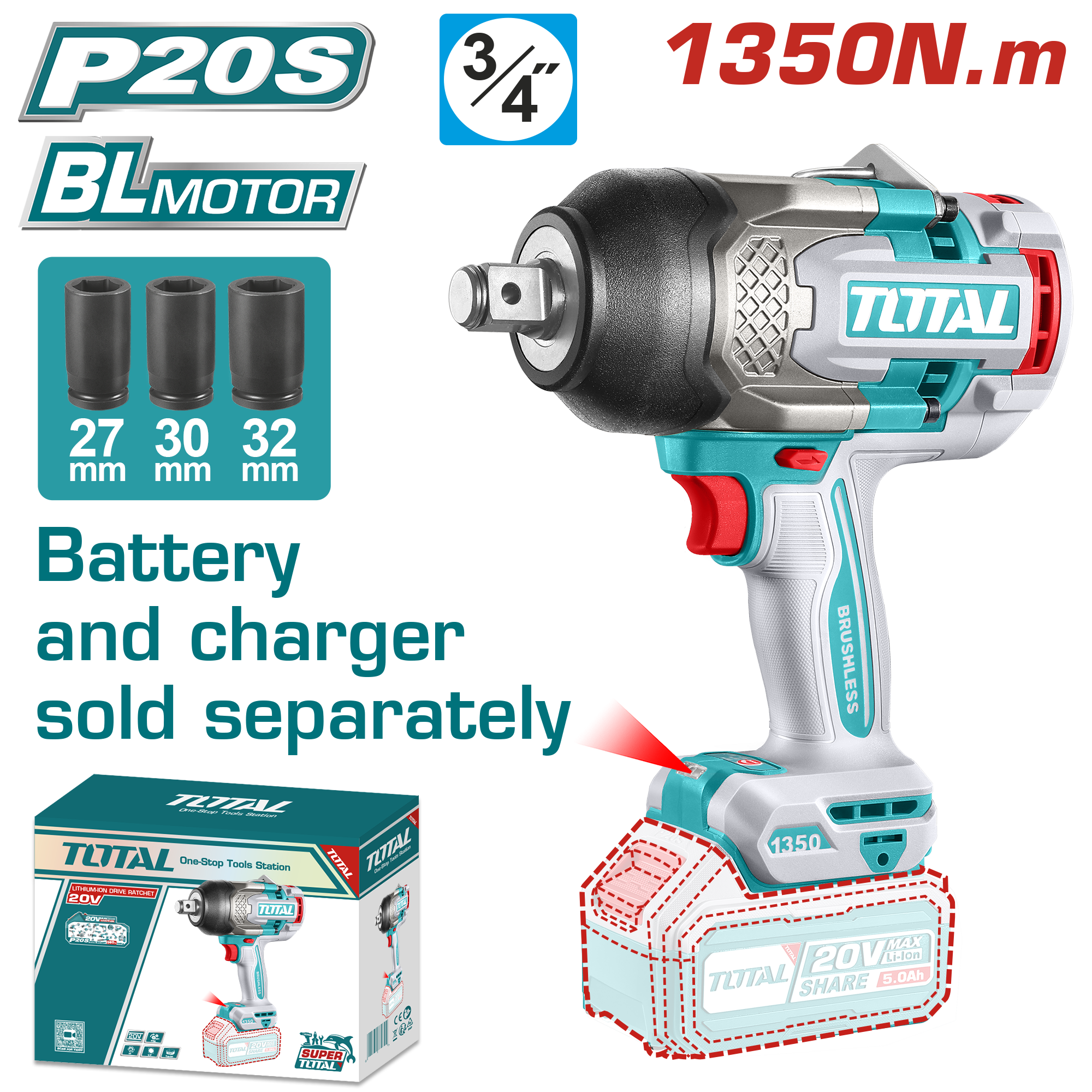 Máy siết buloong không chổi than dùng pin Lithium-Ion 20V Total TIWLI201351