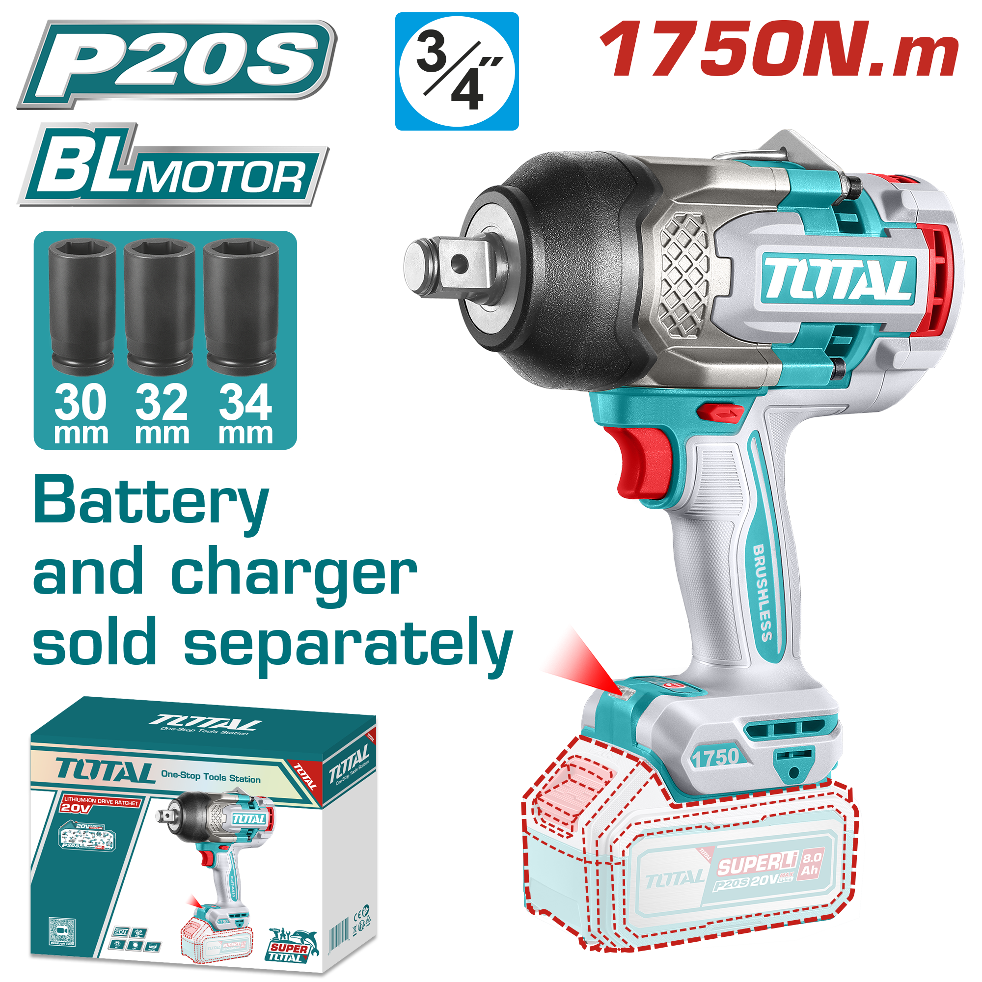 Máy siết buloong không chổi than dùng pin Lithium-ion 20V Total TIWLI201751