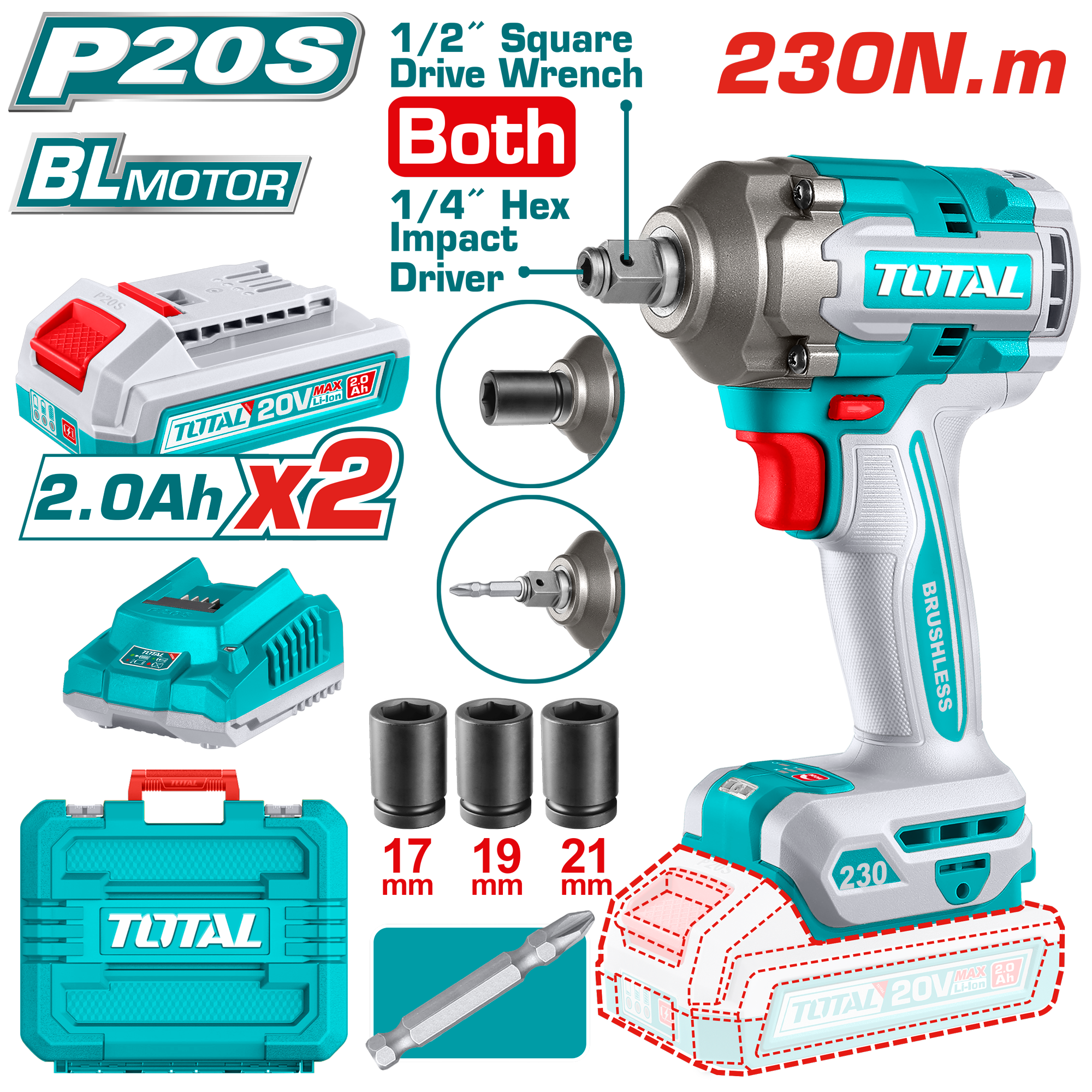 Máy siết vít và bu lông cầm tay không chổi than dùng pin Lithium-ion 20V Total TIWLI20236