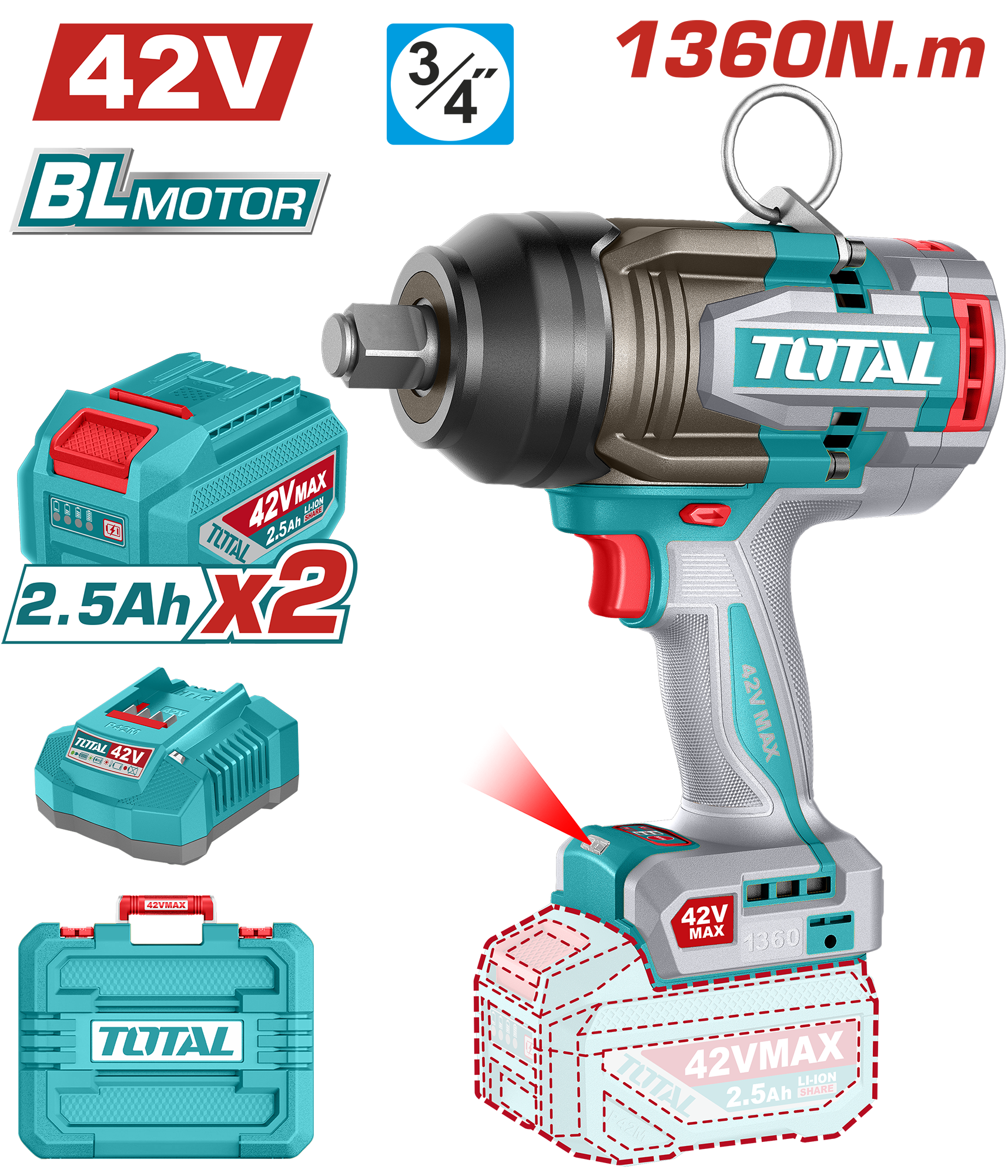 Máy siết buloong không chổi than dùng pin 42V Total TIWLI421362