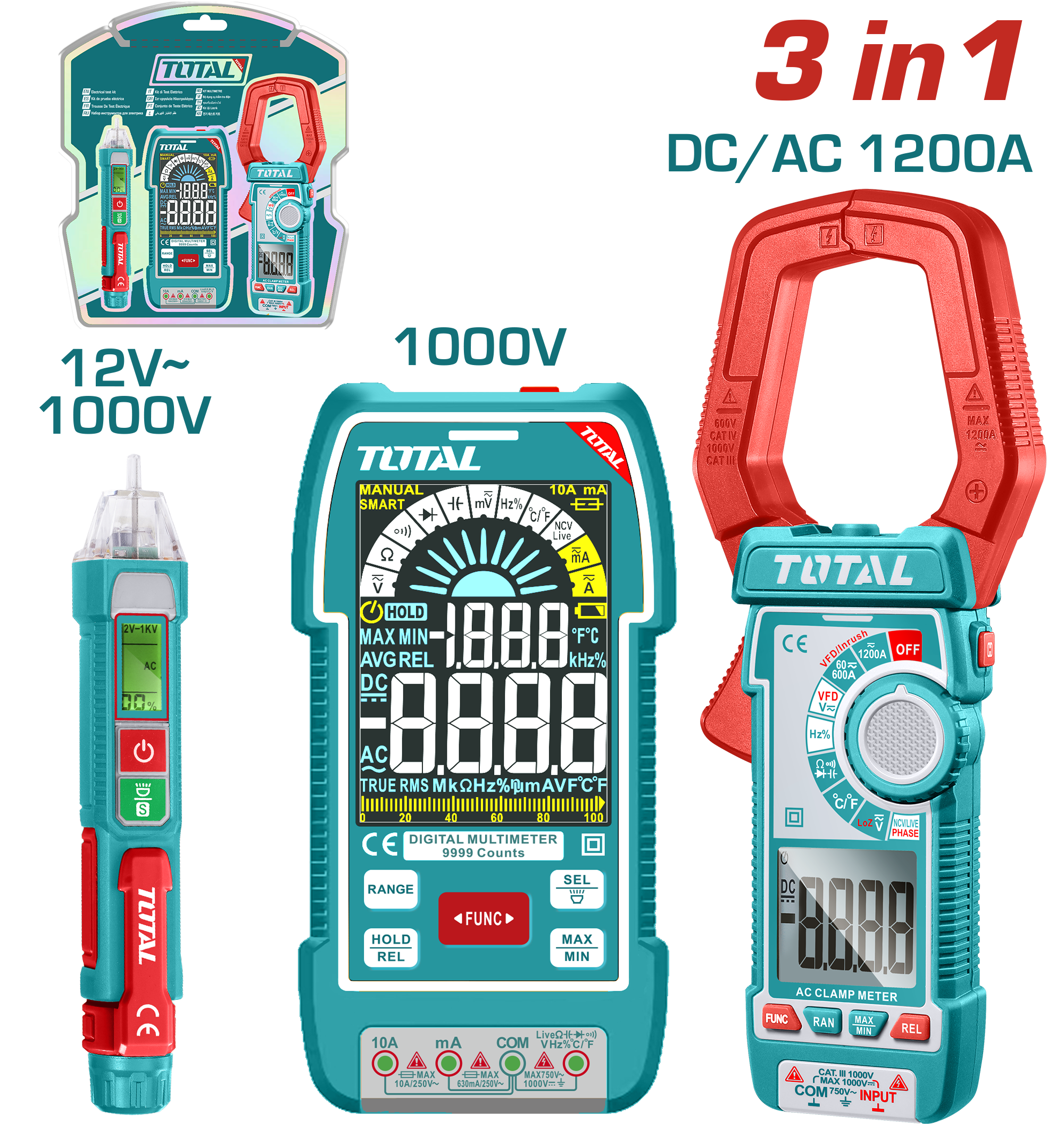 Bộ combo đầu dò điện áp AC THT210003, đồng hồ vạn năng kỹ thuật số TMT5110004 & kềm đo AC/DC 1200A kỹ thuật số TMT7610002 Total TOS24069