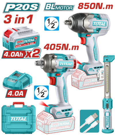 Bộ combo 2 máy siết buloong và đèn làm việc dùng pin Total TOSLI260285