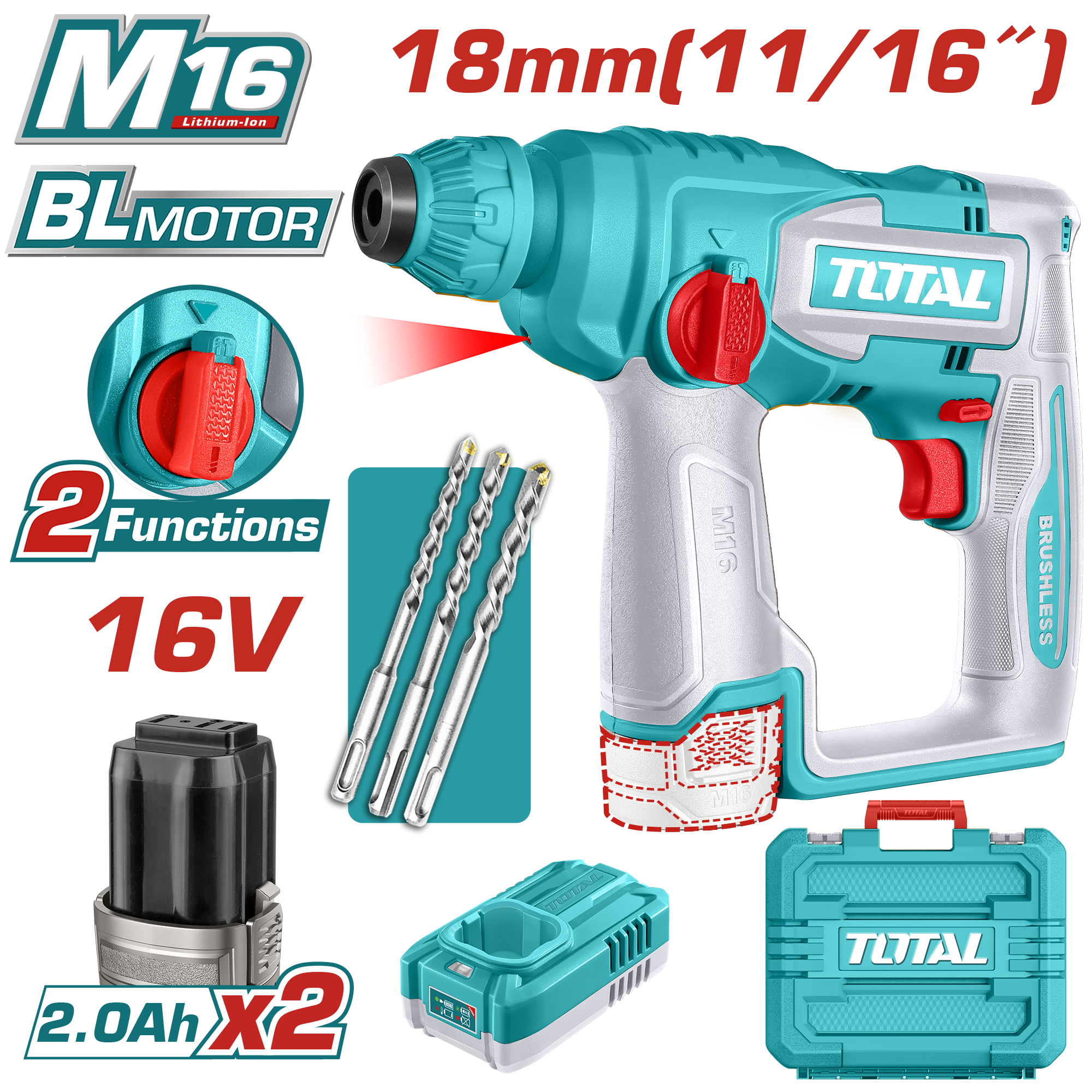 Máy khoan bê tông cầm tay không chổi than dùng pin Lithium-Ion 16V Total TRHLI16168