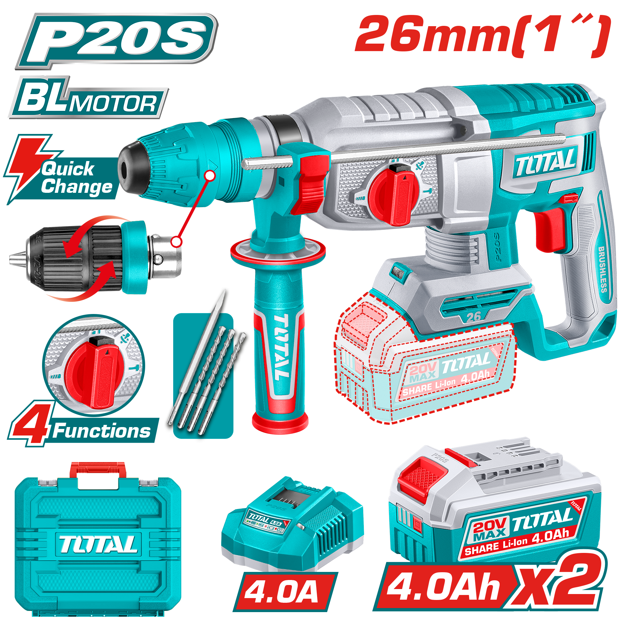Máy khoan động lực cầm tay không chổi than dùng pin Lithium-ion 20V Total TRHLI202689