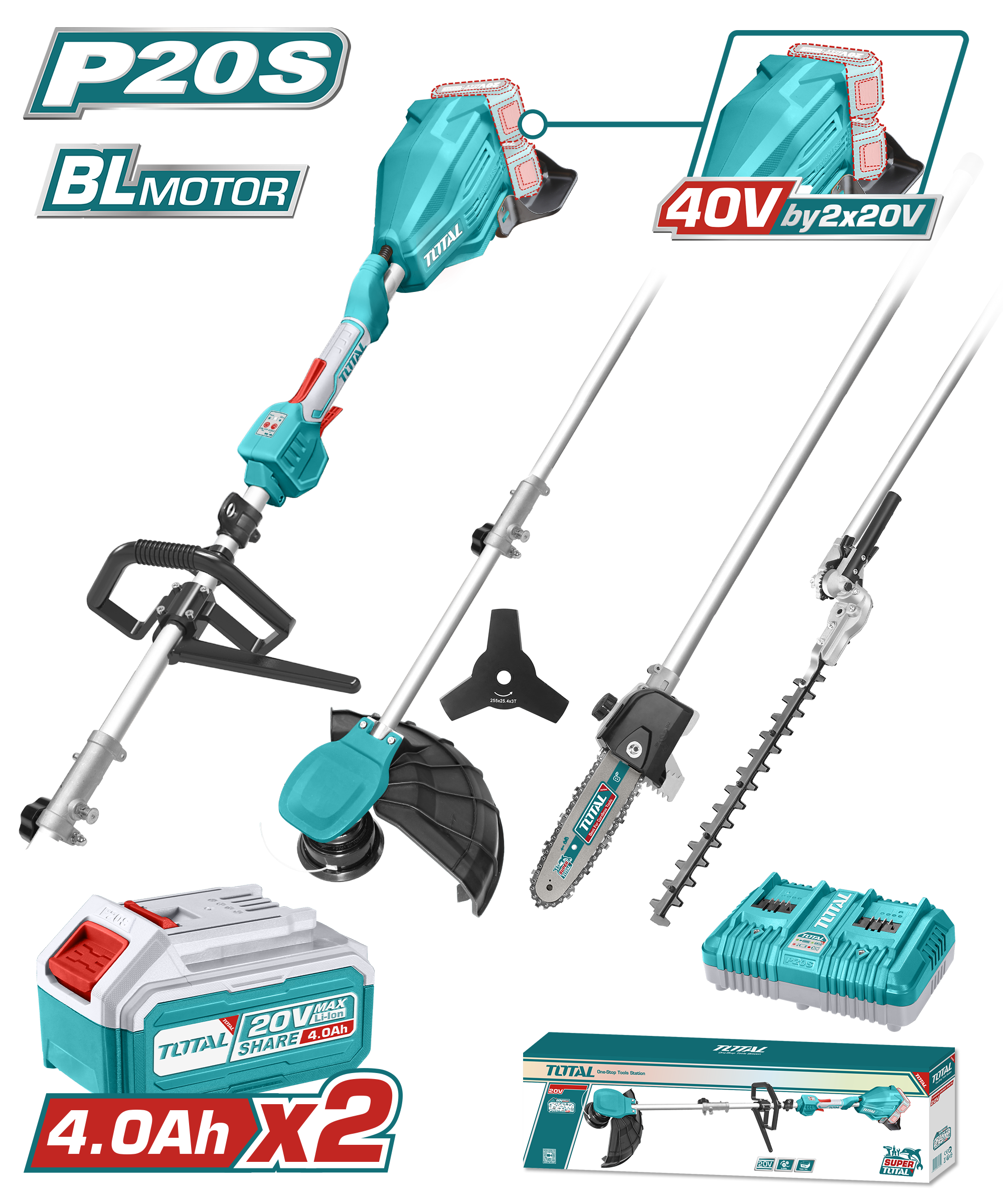 Máy làm vườn đa năng không chổi than dùng pin lithium-ion 40V hiệu Total TSTLI2040386