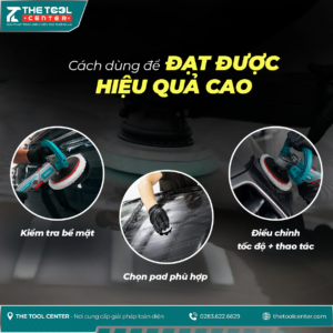 Cách sử dụng máy đánh bóng TOTAL TAPLI20181 với thao tác kiểm tra bề mặt, chọn pad và điều chỉnh tốc độ.