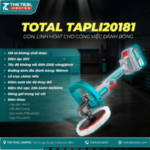 Máy đánh bóng không chổi than dùng pin 20V TOTAL TAPLI20181 và bộ phụ kiện đi kèm.