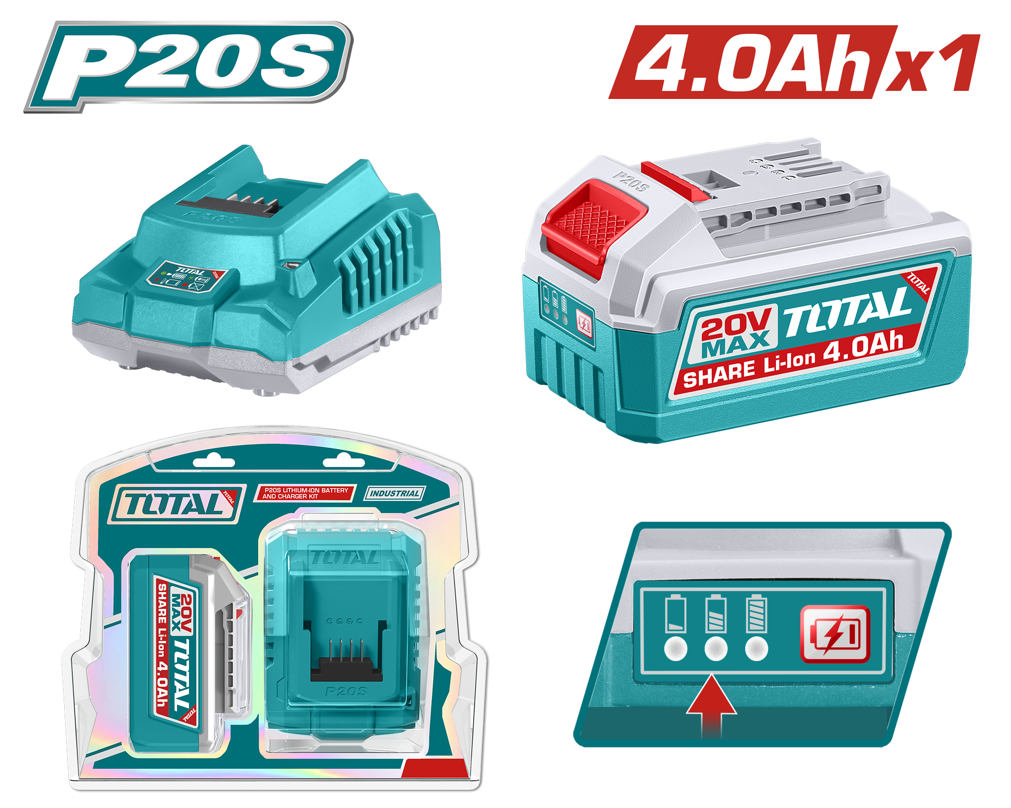 Bộ 1 pin TFBLI20021 và 1 sạc TFCLI2001 dùng pin Lithium-Ion 20V hiệu Total TFBCPK1012