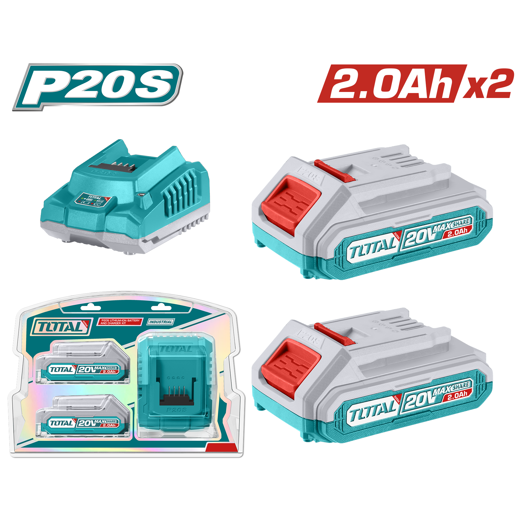 Bộ 2 pin TFBLI20011 và 1 sạc TFCLI2001 dùng pin Lithium-Ion 20V hiệu Total TFBCPK1222