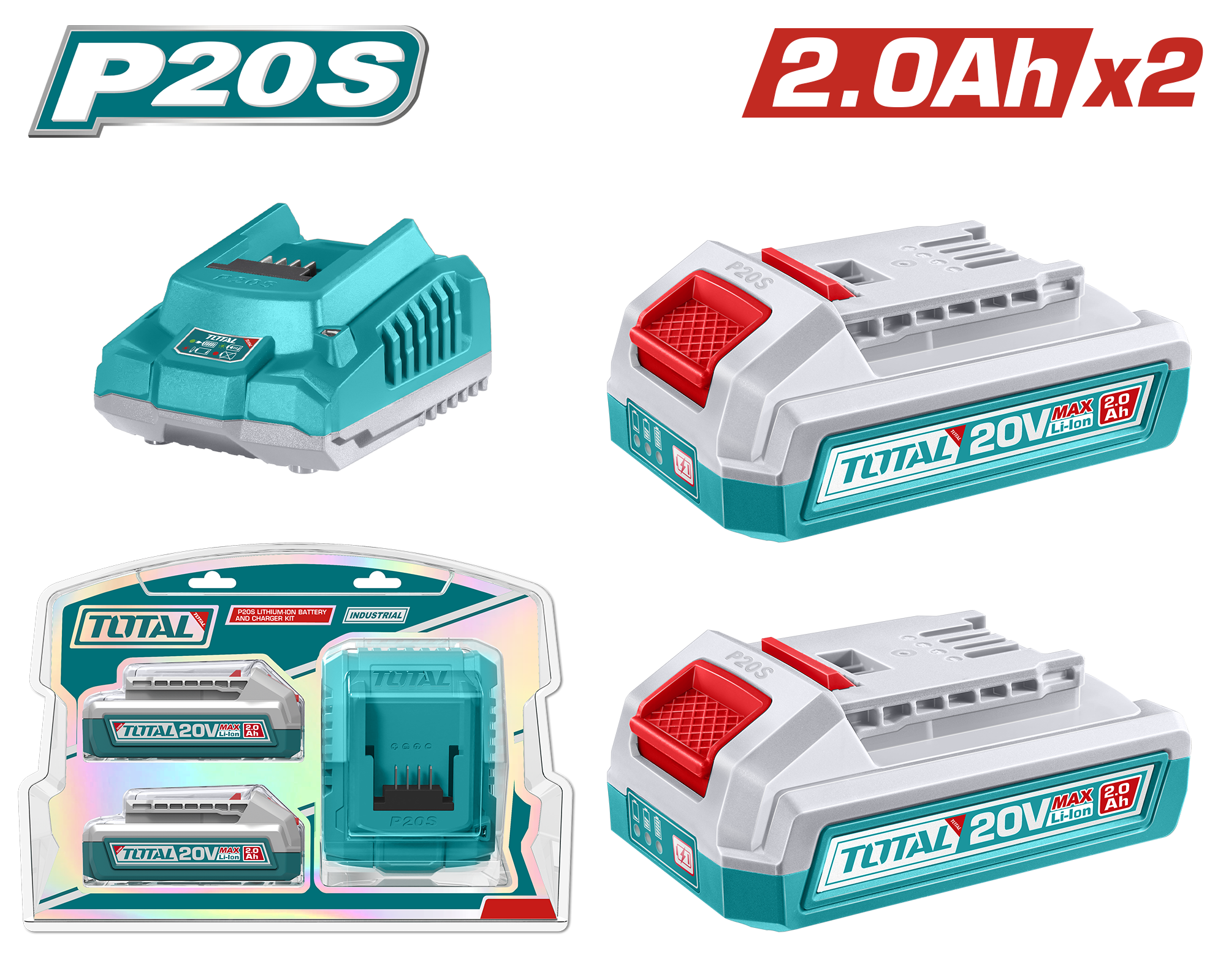 Bộ 2 pin Lithium-ion TFBLI20011 và 1 sạc TFCLI2001 dùng pin 20V hiệu Total TFBCPK2212