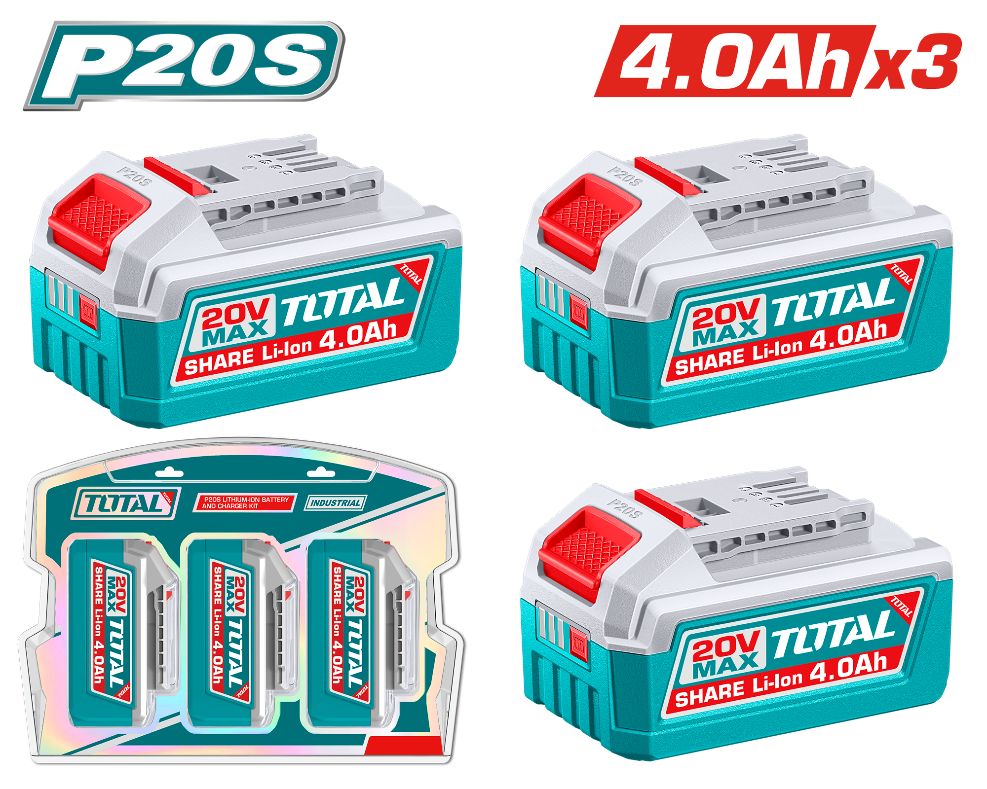 Bộ combo 3 pin Lithium-ion 20V/4.0Ah (TFBLI20021) cho dụng cụ dùng pin hiệu Total TOSLI251296