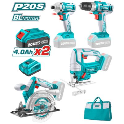Bộ combo 4 máy cưa đĩa tròn, máy cưa lọng, máy siết vít và máy khoan dùng pin 20V Total TCKLI2010