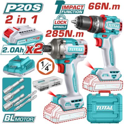 Bộ combo máy khoan búa và máy siết vít không chổi than dùng pin 20V Total TCKLI20277