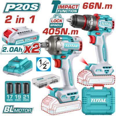 Bộ combo máy khoan búa và máy siết buloong không chổi than dùng pin 20V Total TCKLI20286