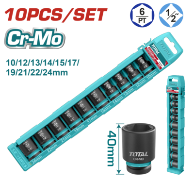 Bộ 10 đầu tuýp lục giác 1/2" DR. dùng cho máy siết bu loong Hiệu TOTAL THISTD12106